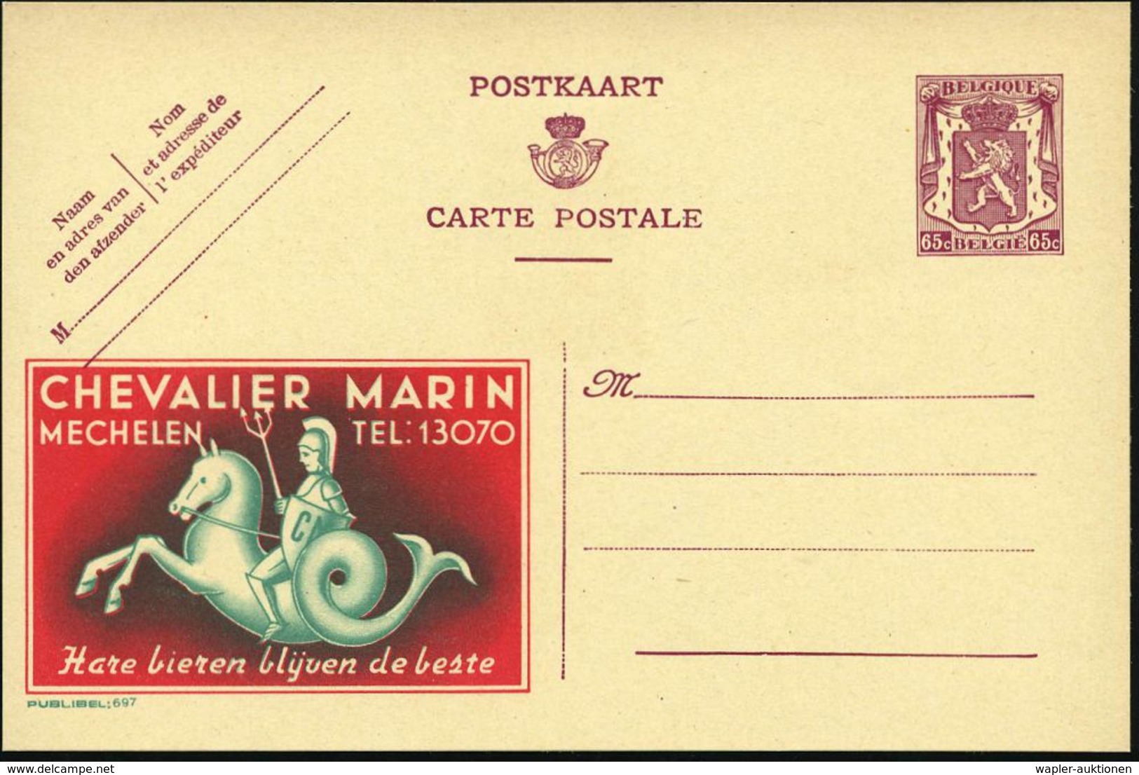 BELGIEN 1946 65 C. Reklame-P , "Publibel" Wappenlöwe Br.lila: CHEVALIER MARIN/Hare Bieren.. (Neptun/ Poseidon Mit Dreiza - Mitologia
