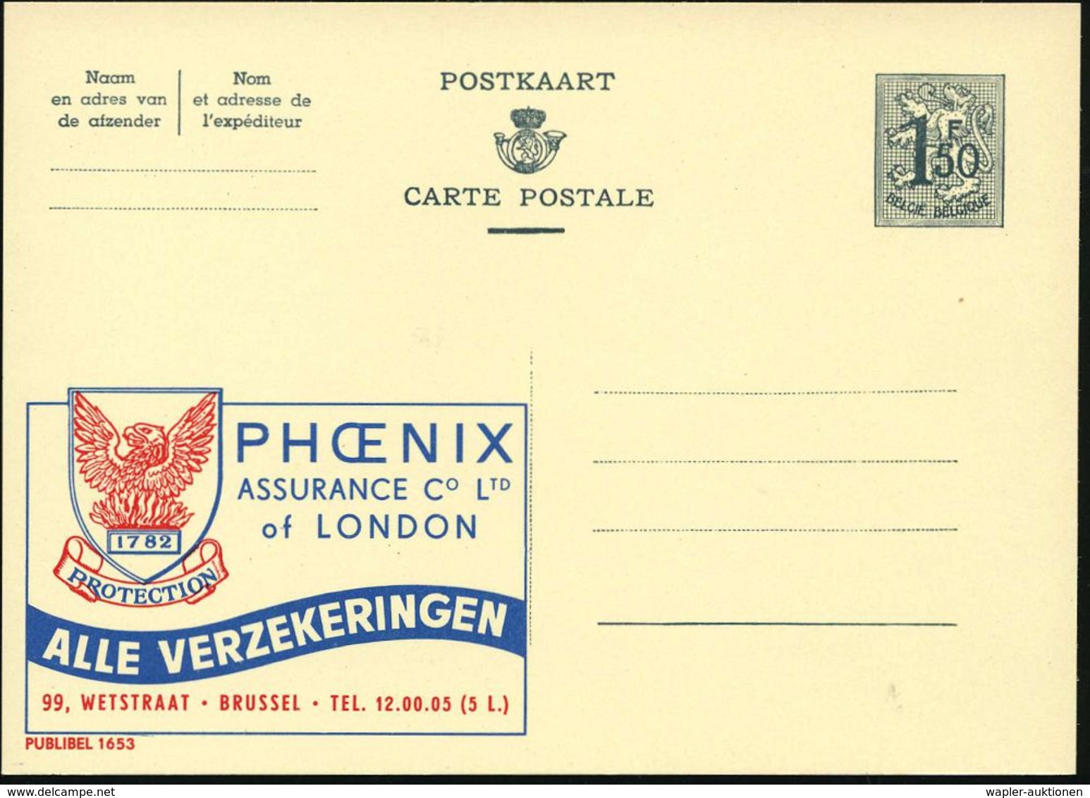 BELGIEN 1959 Reklame-P 1,50 F. Löwe/Ziffer , Grau: PHOENIX/..VERZEKERINGEN.. (= Phönix Aus Flammen) Fläm. Text, Ungebr.  - Mythologie