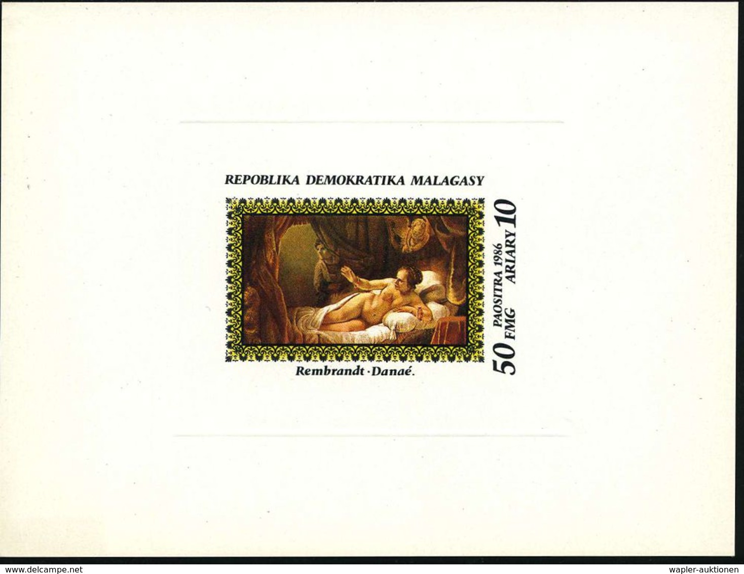 MADAGASKAR 1986 50 + 10 Fr. FMG "Danaé", Ungez. Ministerblock = Mutter Des Perseus, Von Zeuss Als Goldregen Geschwängert - Mitologia