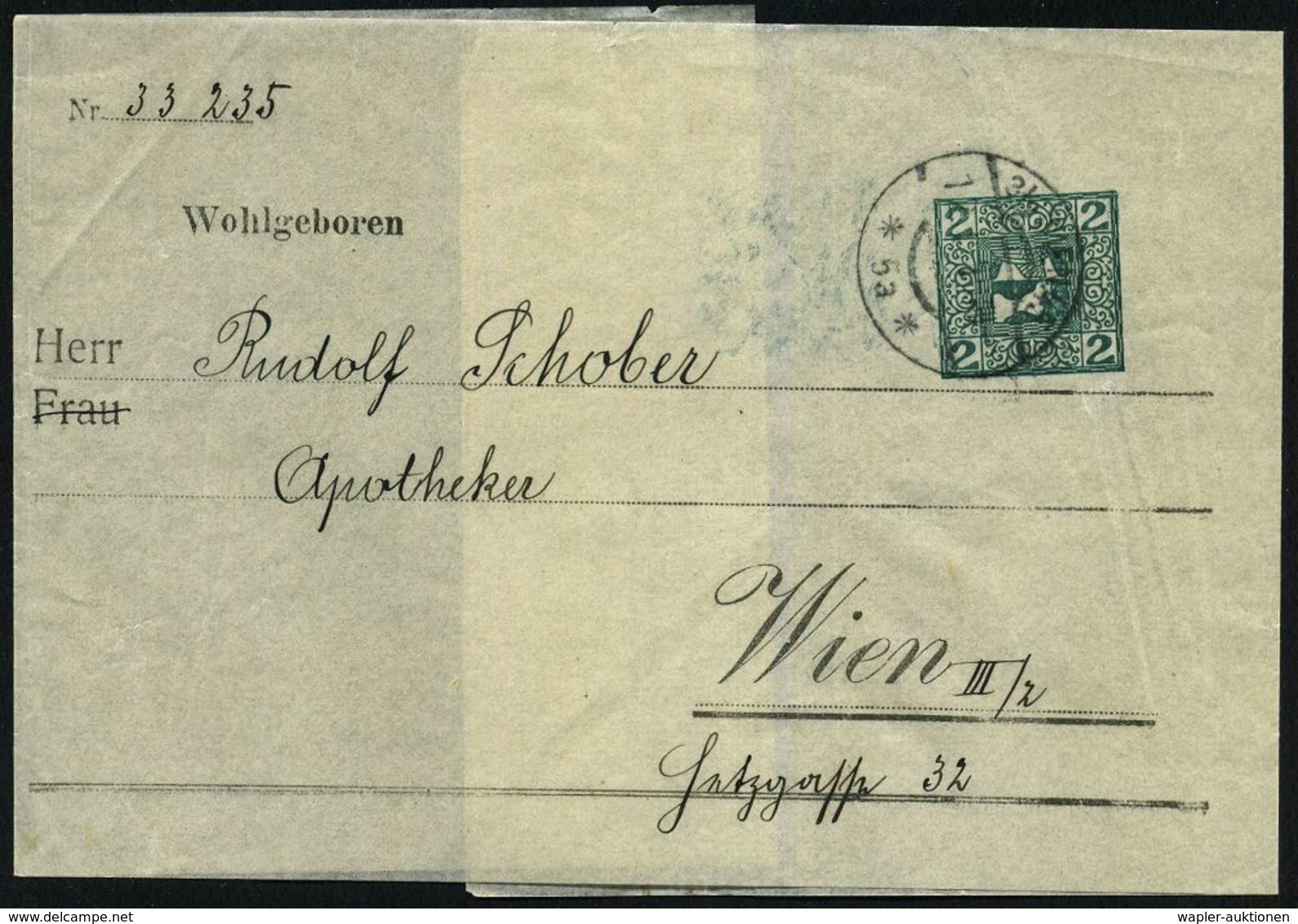 ÖSTERREICH 1910 (12.1.) Privat-Zeitungs-SB 2 H. Merkurkopf, Grün (nach Rechts) Pergaminpapier, Weiß, Gest. WIEN 45, Orts - Mythologie