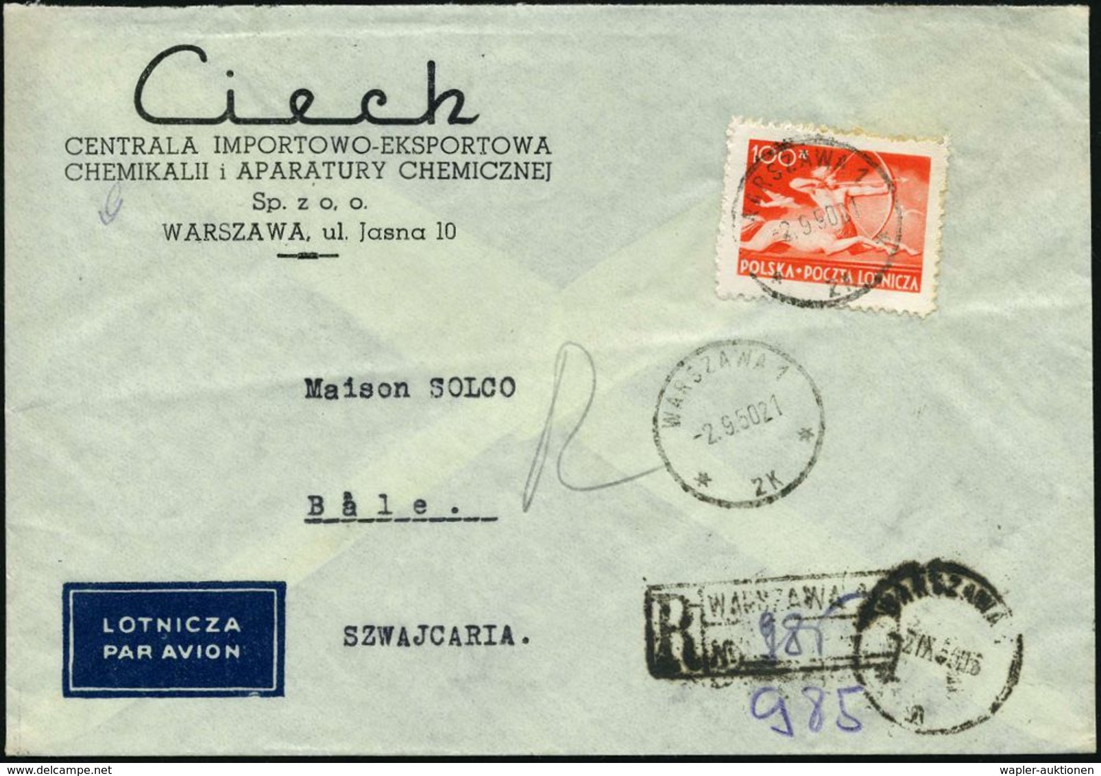 POLEN 1950 (2.9.) 100 Zl. "Zentaur" (mit Bogen), Zinnober, EF 1K + R-Stempel WARSZAWA 1, Klar Gest. Ausl.-Flp.-R-Bf.  (M - Mythologie