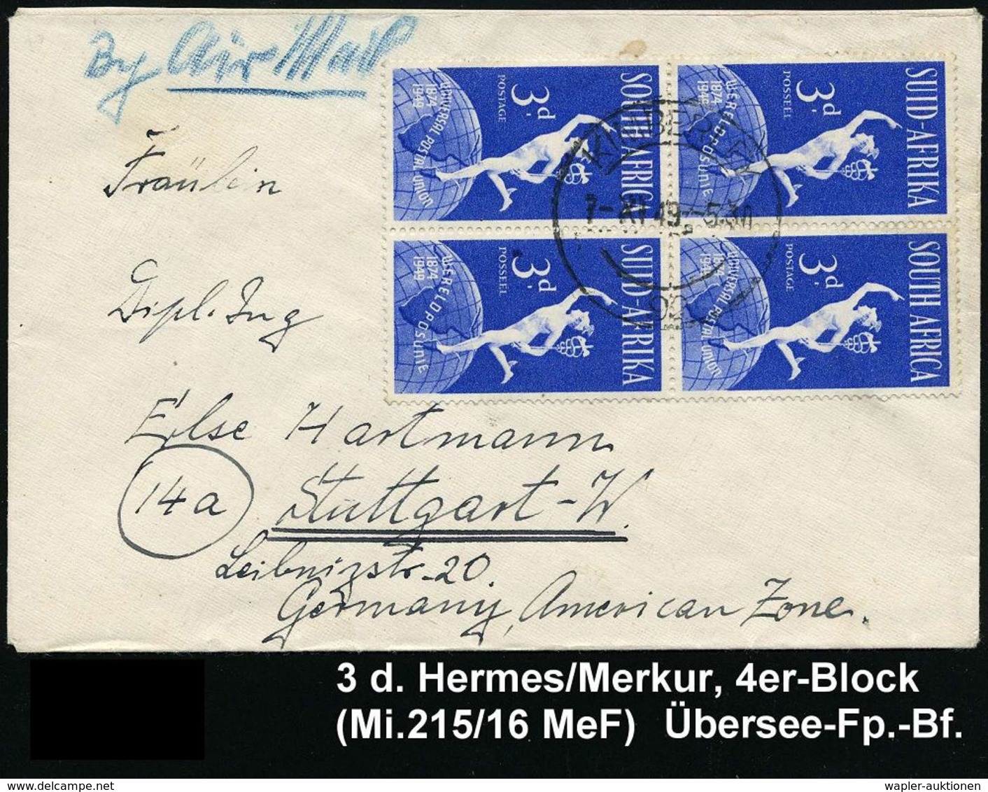 SÜDAFRIKA 1949 (7.11.) 3 P. "100 Jahre Weltpostverein" (UPU) = Hermes über Globus, Paar In Beiden Sprachen Als 4er-Block - Mythologie