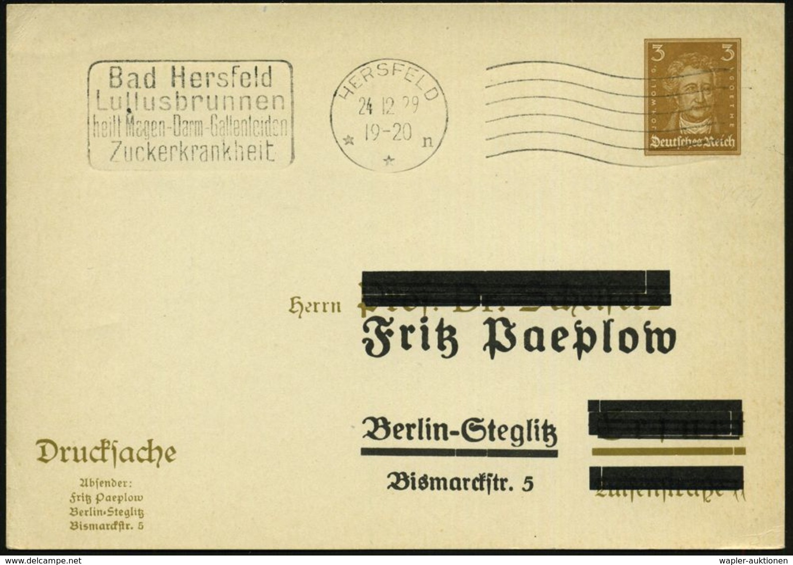 Bad Hersfeld 1929 (24.12.) MWSt + 6 Wellen Rechts: HERSFELD/**n/..L U L L U S Brunnen/heilt Magen../Zuckerkrankheit , Kl - Archeologia