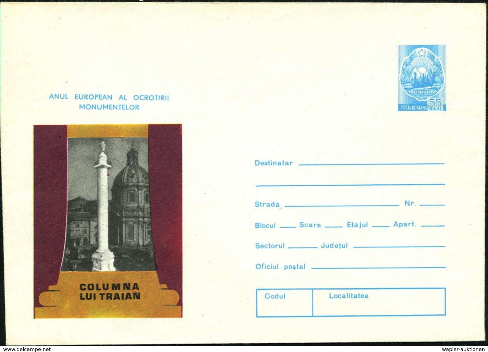 RUMÄNIEN 1975 55 B. U Staatswappen , Blau: Europ. Denkmaschutzjahr = Trajanssäule (Petersdom) Ungebr. (Mi.U 647/004) - R - Archeologia