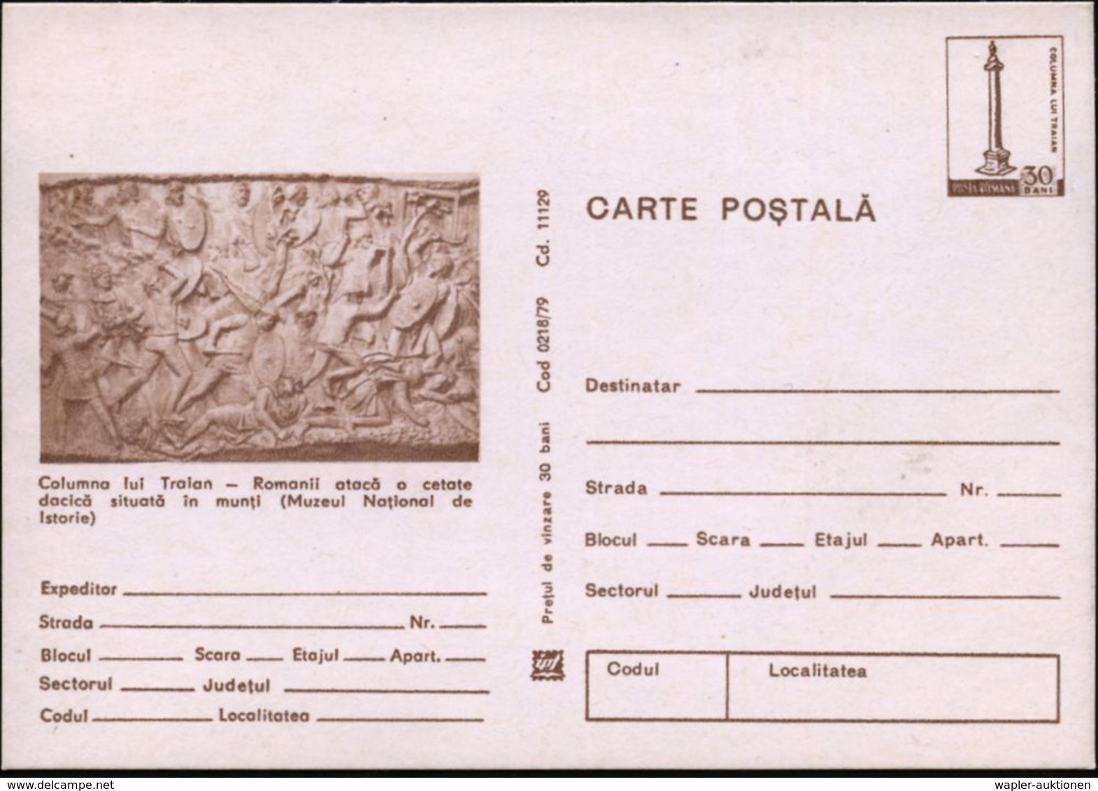 RUMÄNIEN 1979 30 B. BiP Trajanssäule, Braun: Römer Greifen Dakische Siedlung An , Ungebr. (Mi.P 823/218) - RÖMER / RÖMIS - Archäologie