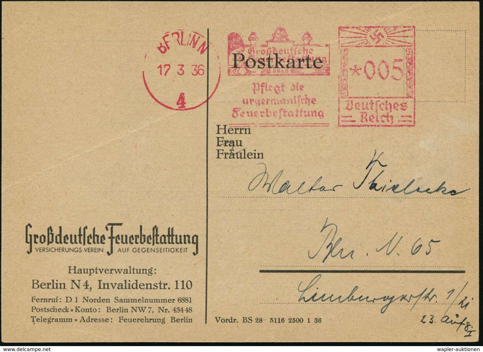 BERLIN/ 4/ Großdeutsche/ Feuerbestattung/ Pflegt Die / Urgermanische/ Feuerbestattung 1936 (17.3.) Dekorat. AFS (Trauend - Archeologie