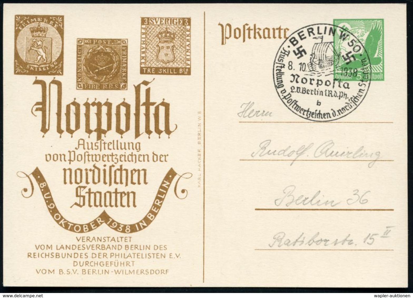 BERLIN W 50/ B/ Norposta.. 1938 (8.10.) SSt = Wikingerschiff Auf PP 5 Pf. Adler: Norposta.. (Mi.PP 142/C38-02 = Grün) Ab - Altri & Non Classificati
