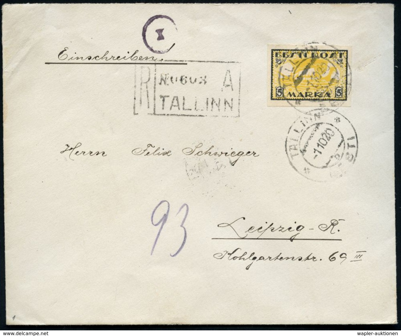 ESTLAND 1920 (1.10.) 5 Mk. Wikingerschiff, Ungez., EF Klar Gest.(TALLINN) + Schw. R-Stempel: TALLINN A, Rs. Deutscher De - Andere & Zonder Classificatie