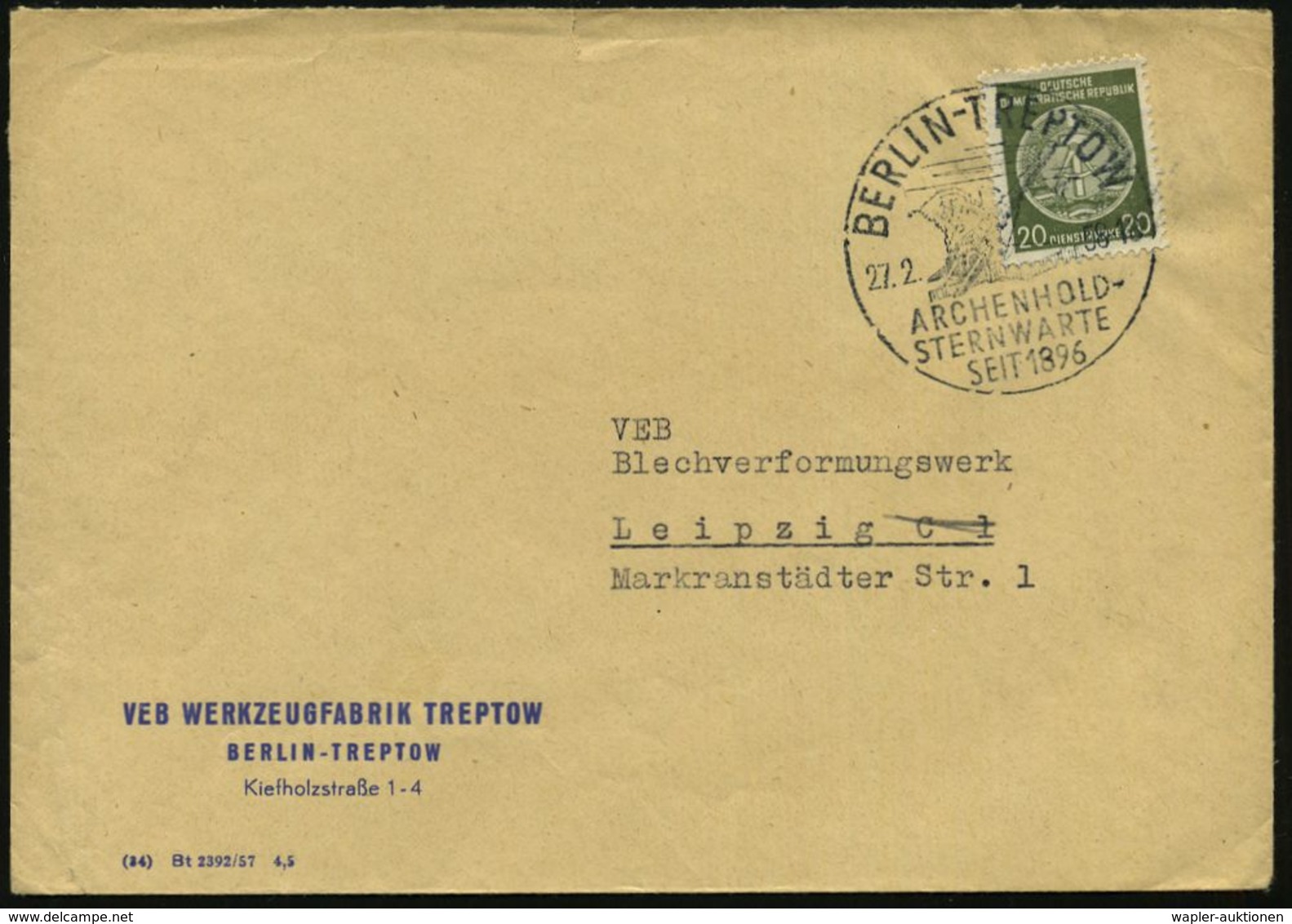 BERLIN-TREPTOW/ ARCHENHOLD-/ STERNWARTE/ SEIT 1896 1958 (27.2.) HWSt = Gr. Fernrohr Der Archenhold-Sternwarte Auf 20 Pf. - Sterrenkunde