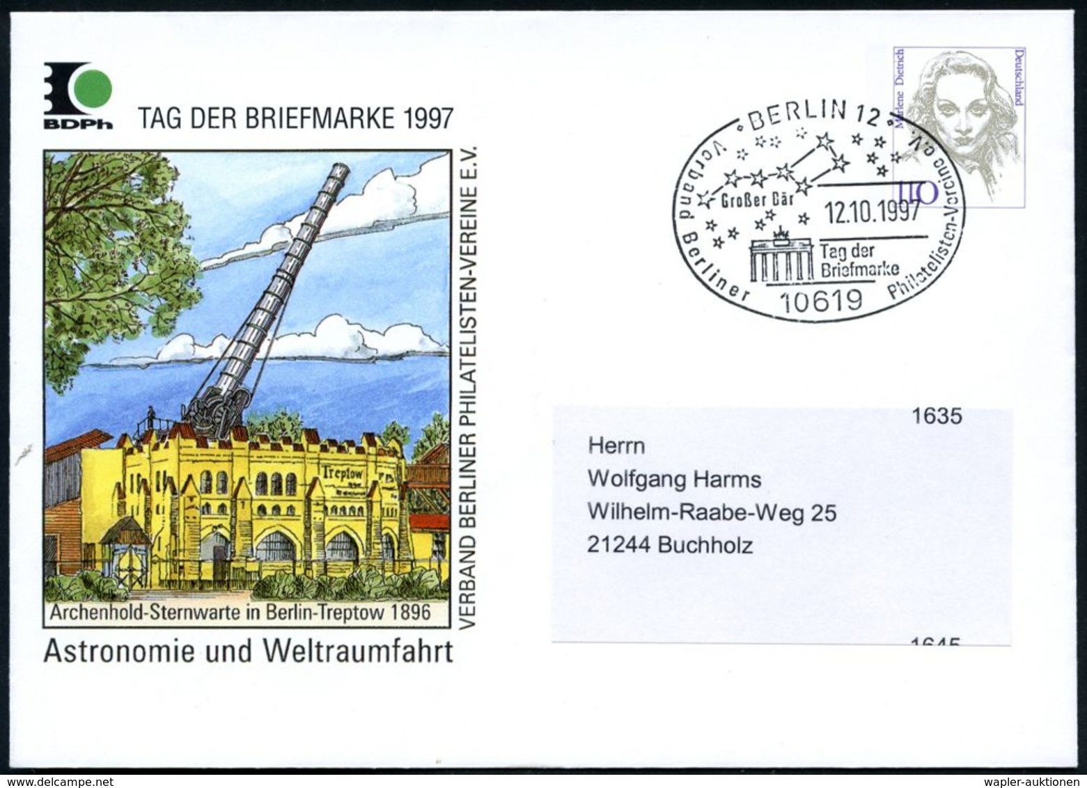 10619 BERLIN 12/ Großer Bär/ Tag Der/ Briefmarke.. 1997 (12.10.) SSt = Sternbild "Gr. Bär" (Gr. Wagen) U. Branden-bg. To - Astronomie