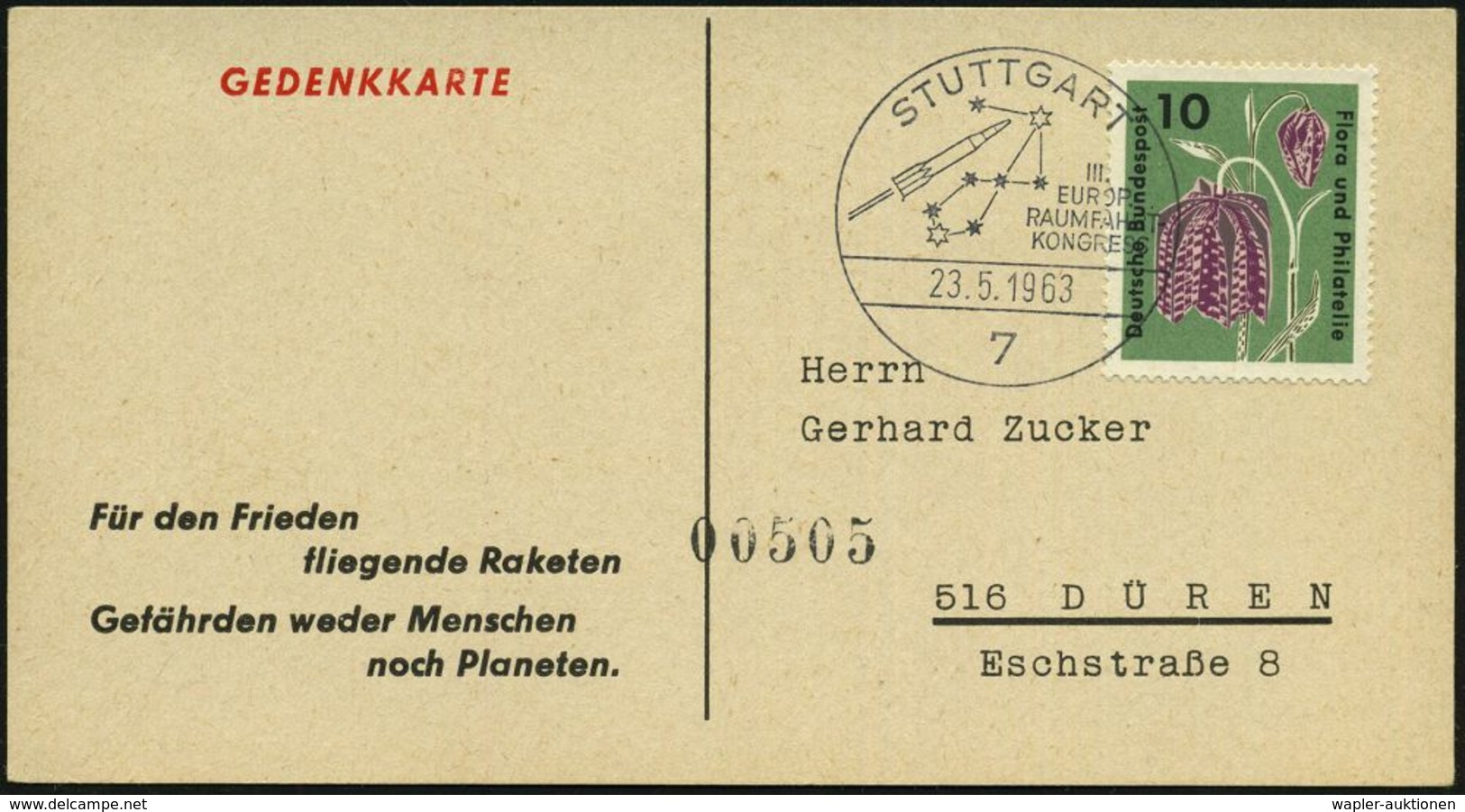 7 STUTTGART/ III./ EUROP./ RAUMFAHRT-/ KONGRESS 1963 (23.5.) SSt = Sternbild "Stier" (u. Rakete) Klar Gest. Sonder-Kt.:  - Sterrenkunde
