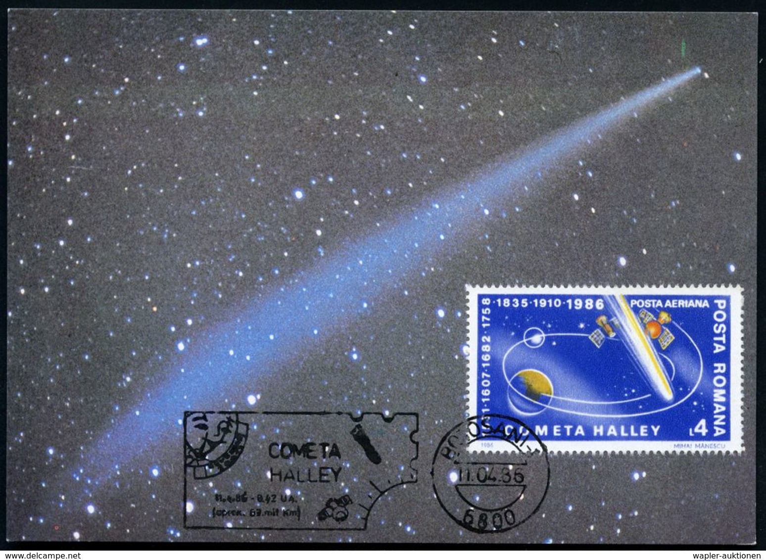 RUMÄNIEN 1986 (11.4.) 4 L. "Komet Halley" + Entspr. FaWSt: COMETA HALLEY.. A. Entspr. Maximumkt.!  (Mi.4229) - ASTRONOMI - Astronomie