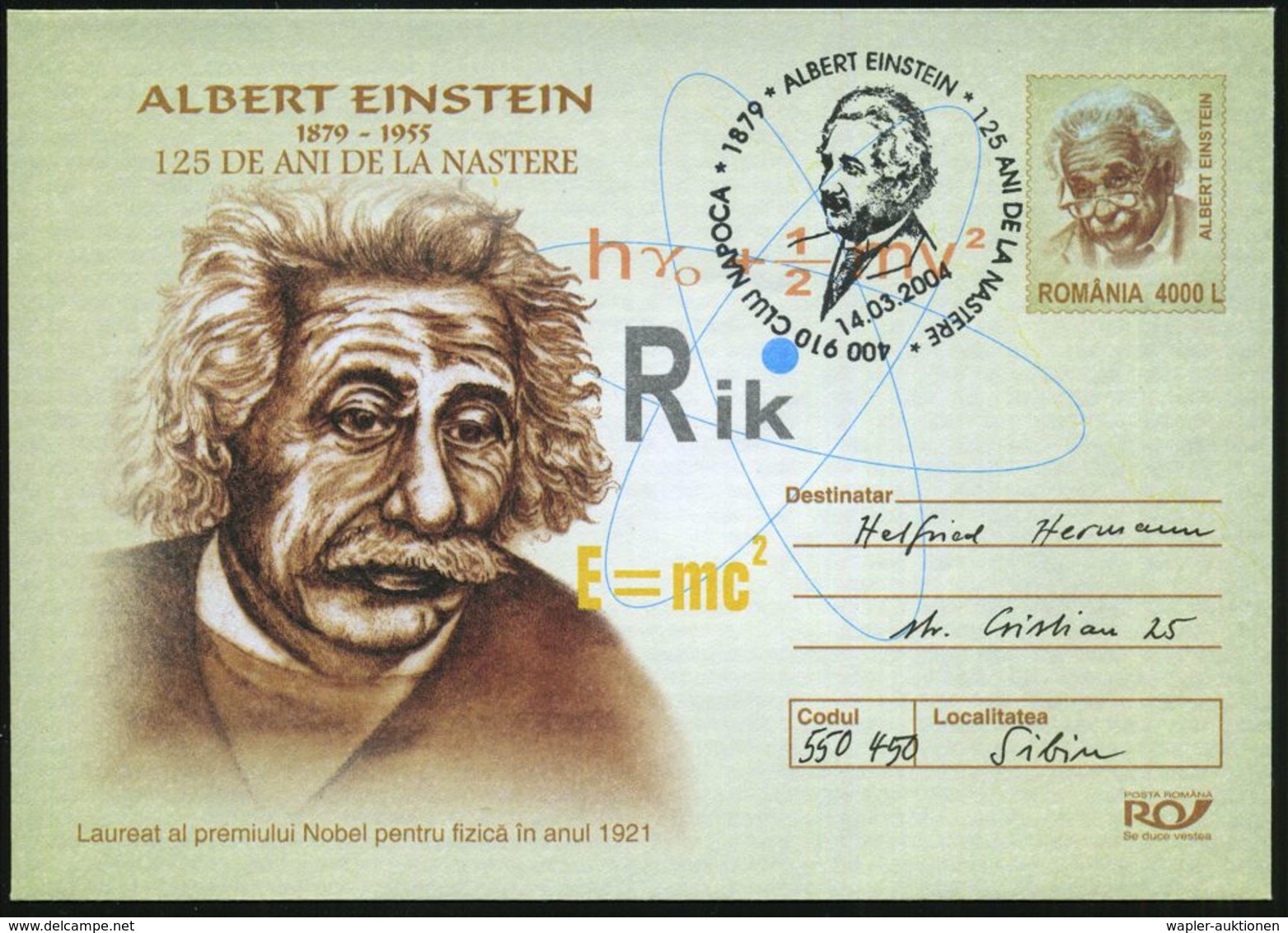 RUMÄNIEN 2004 (14.3.) SSt.: 400 910 CLUJ NAPOCA/1879 ALBERT EINSTEIN 125 ANI DE LA NASTERE (Brustbild) Motivgl. Sonder-U - Astronomùia