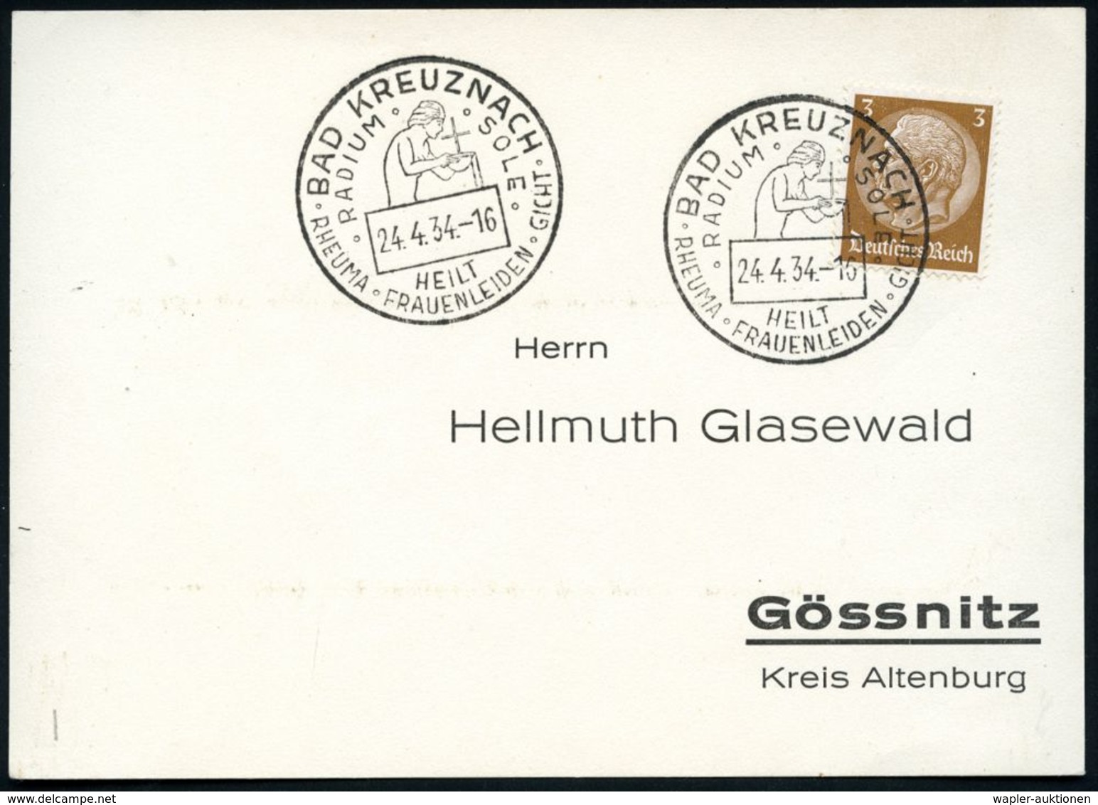 BAD KREUZNACH/ RADIUM SOLE/ HEILT/ RHEUMA-FRAUENLEIDEN-GICHT 1934 (24.4.) HWSt (Frau Mit Kreuz-Schale = Strahlensymbol)  - Atomenergie