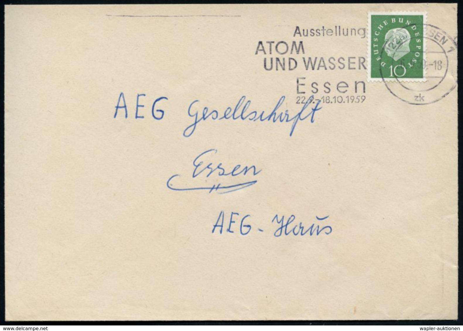 (22a) ESSEN 1/ Zk/ Ausstellung/ ATOM/ U.WASSER 1959 MWSt Klar Auf Bedarfs-Bf. (Bo.107 A III) - ATOM / KERNENERGIE / RÖNT - Atoom