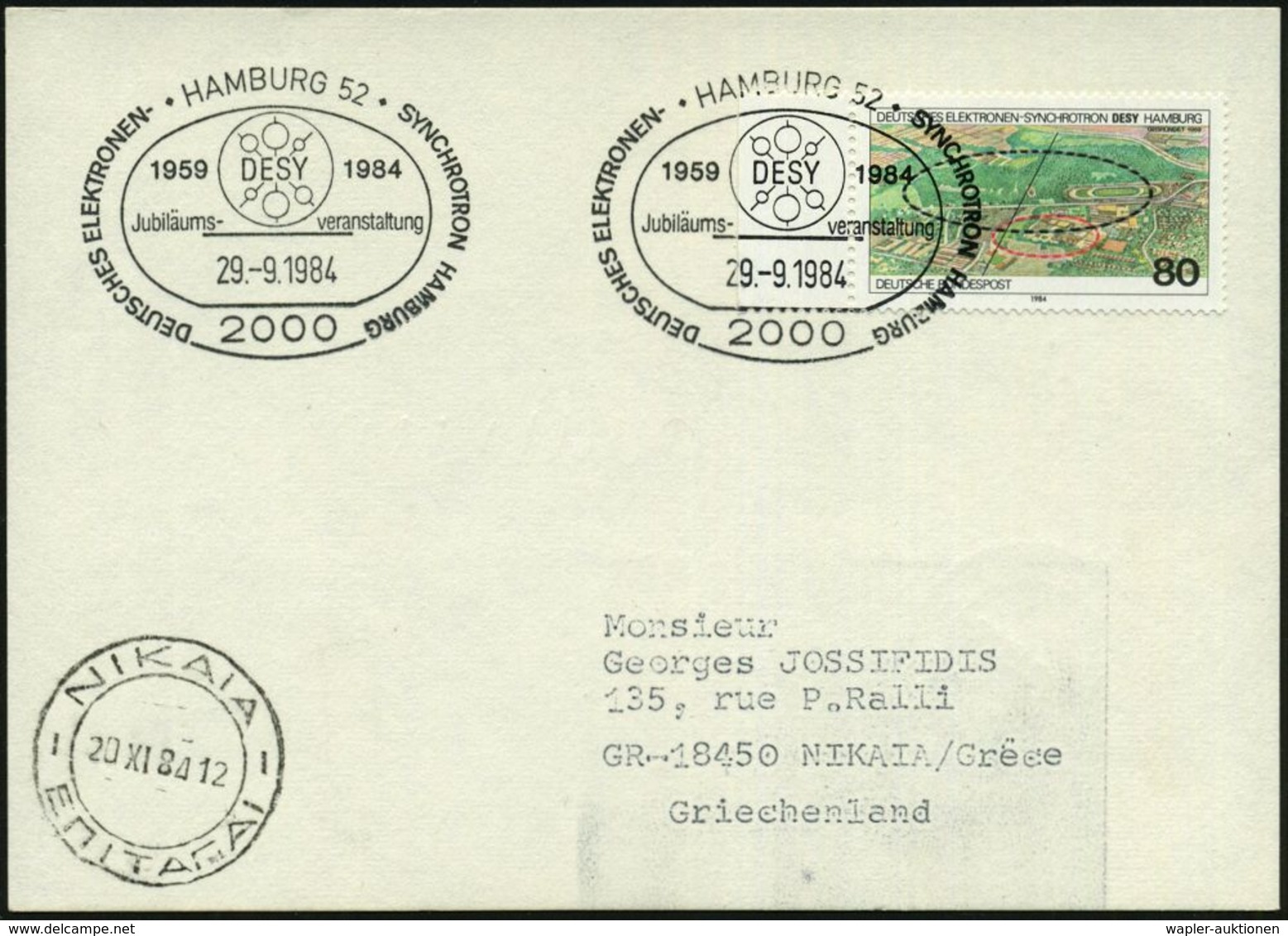 2000 HAMBURG 52/ DESY/ DEUTSCHES ELEKTRONEN-SYNCHROTRON.. 1984 (29.9.) SSt = Atom-Symbol Auf EF 80 Pf. "DESY" Hamburg (M - Atom