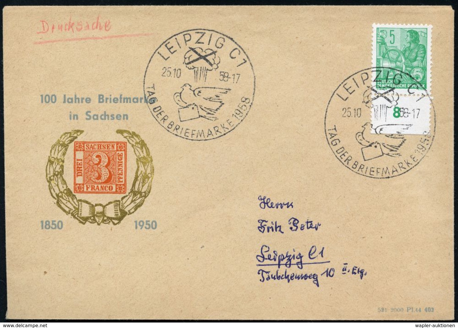 LEIPZIG C 1/ TAG DER BRIEFMARKE 1958 (26.10.) SSt = Durchkreuzter Atompilz (u. Friedenstaube) Orts--SU.: 100 Jahre Brief - Atoom