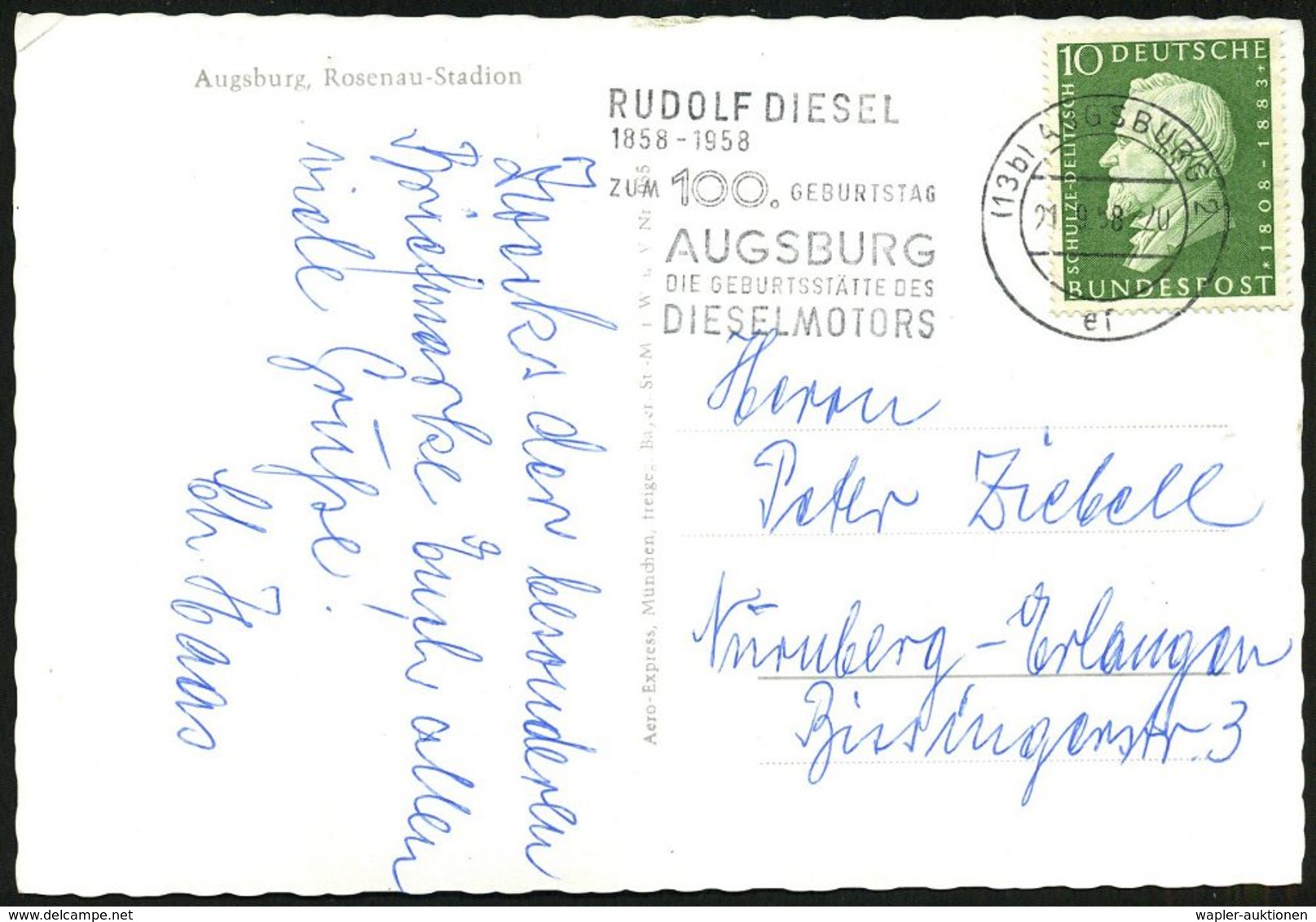 (13b) AUGSBURG 2/ Ef/ RUDOLF DIESEL/ ZUM 100.GEBURTSTAG.. 1958 (Sept.) MWSt (Halbstempel) Klar Auf Bedarfs-Kt. (Bo.39 A  - Auto's