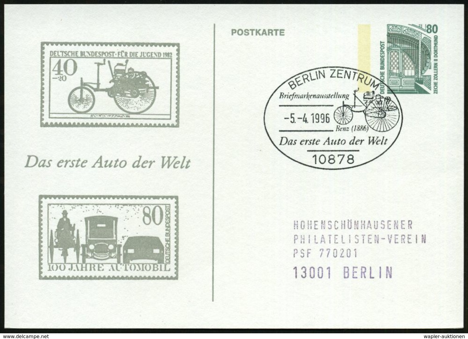 10878 BERLIN ZENTRUM/ ..Benz(1886)/ Das Erste Auto Der Welt 1996 (5.4.) SSt = 1. Benz-Auto Klar Auf Motivgl. PP 80 Pf. B - Automobili