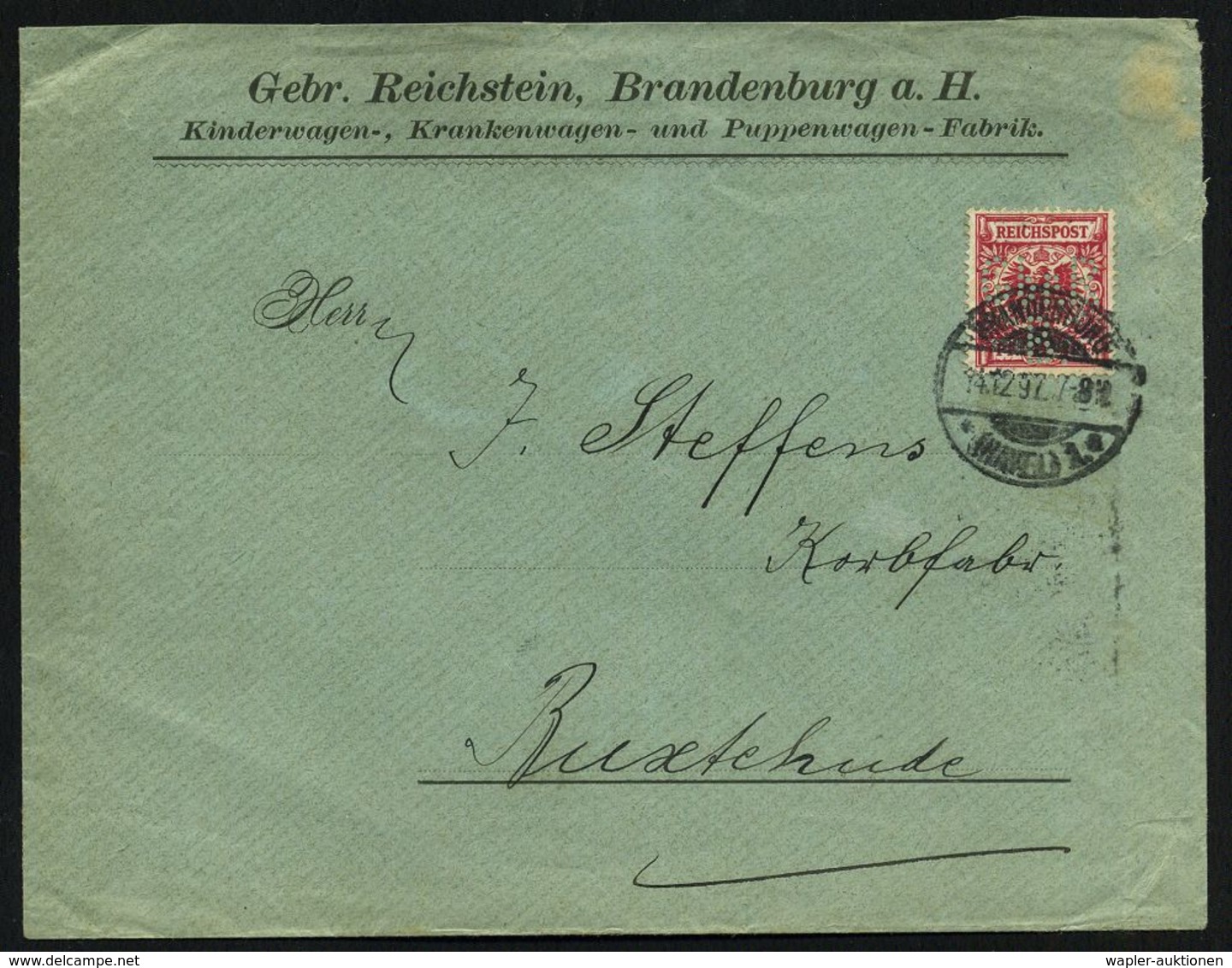 BRANDENBURG/ *(HAVEL)1/ A 1897 (14.12.) 1K-Gitter A. EF 10 Pf. Adler, Rot + Firmenlochung: "Gbr R / B" = Gebr R Eichstei - Auto's