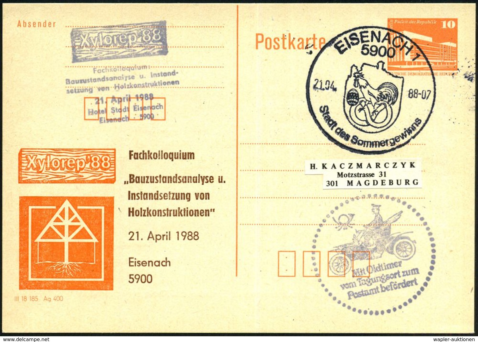 5900 EISENACH 1/ Stadt Des Sommergewinns 1988 (21.4.) SSt = Hahn Auf Brezel + HdN: Mit Oldtimer.. Zum Postamt Befördert  - Voitures
