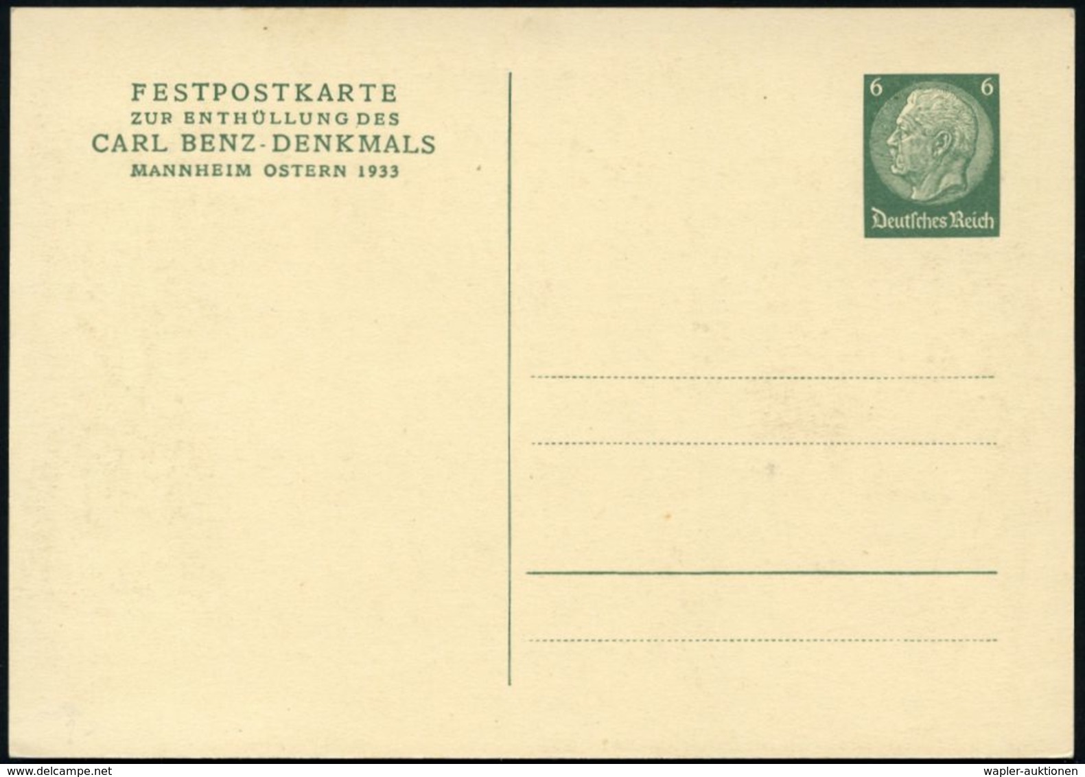 Mannheim 1933 PP 6 Pf. Hindenburg, Grün: CARL BENZ-DENKMAL VON PROF. M. LAEUGNER = Zeichnung Des Benz-Denkmals Von M. La - Automobili