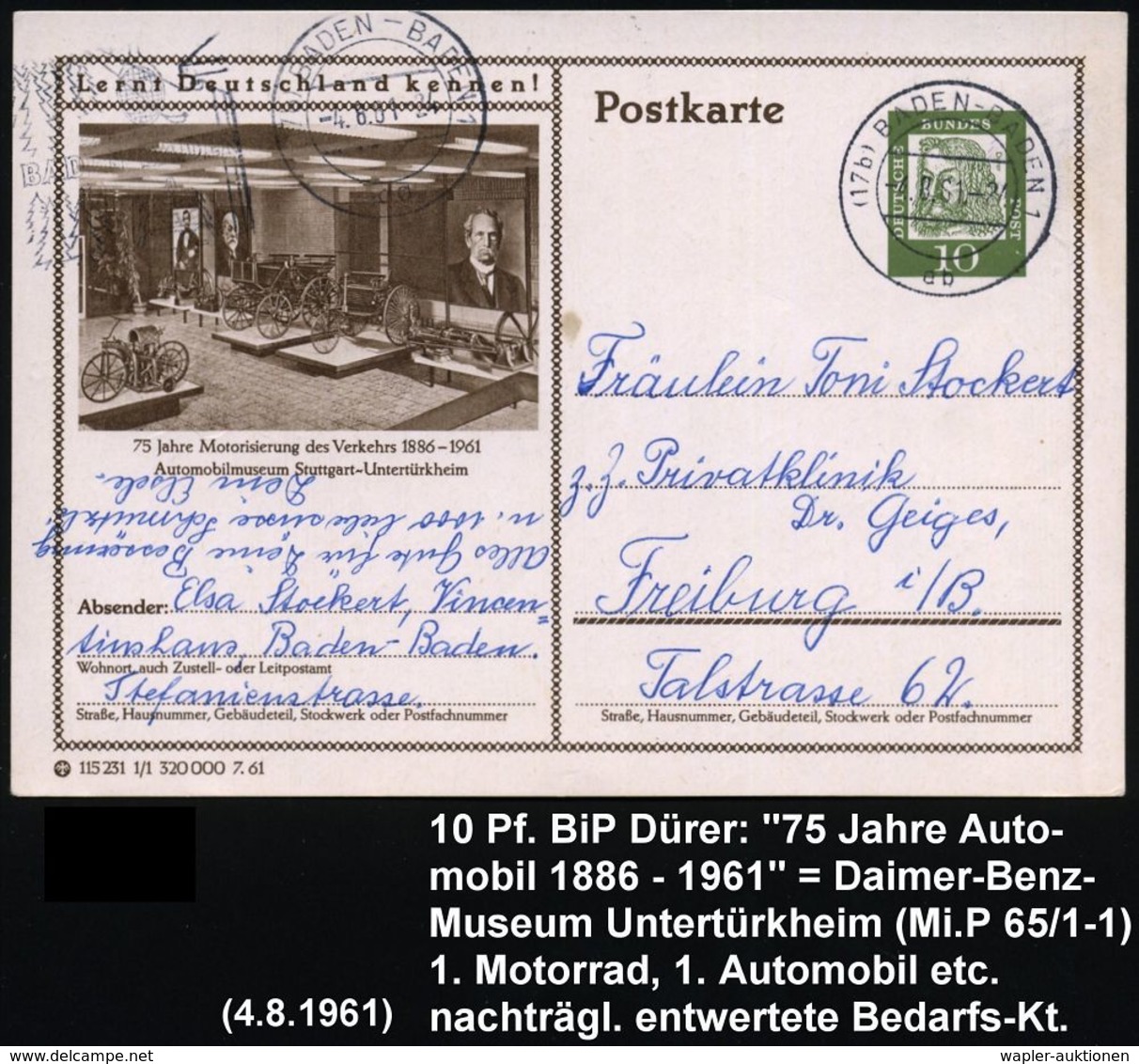 Stuttgart-Untertürkheim 1961 (4.6.) 10 Pf. BiP Dürer, Grün: Automobilmuseum Daimler-Benz Automobile, Motorrad (gest. BAD - Auto's