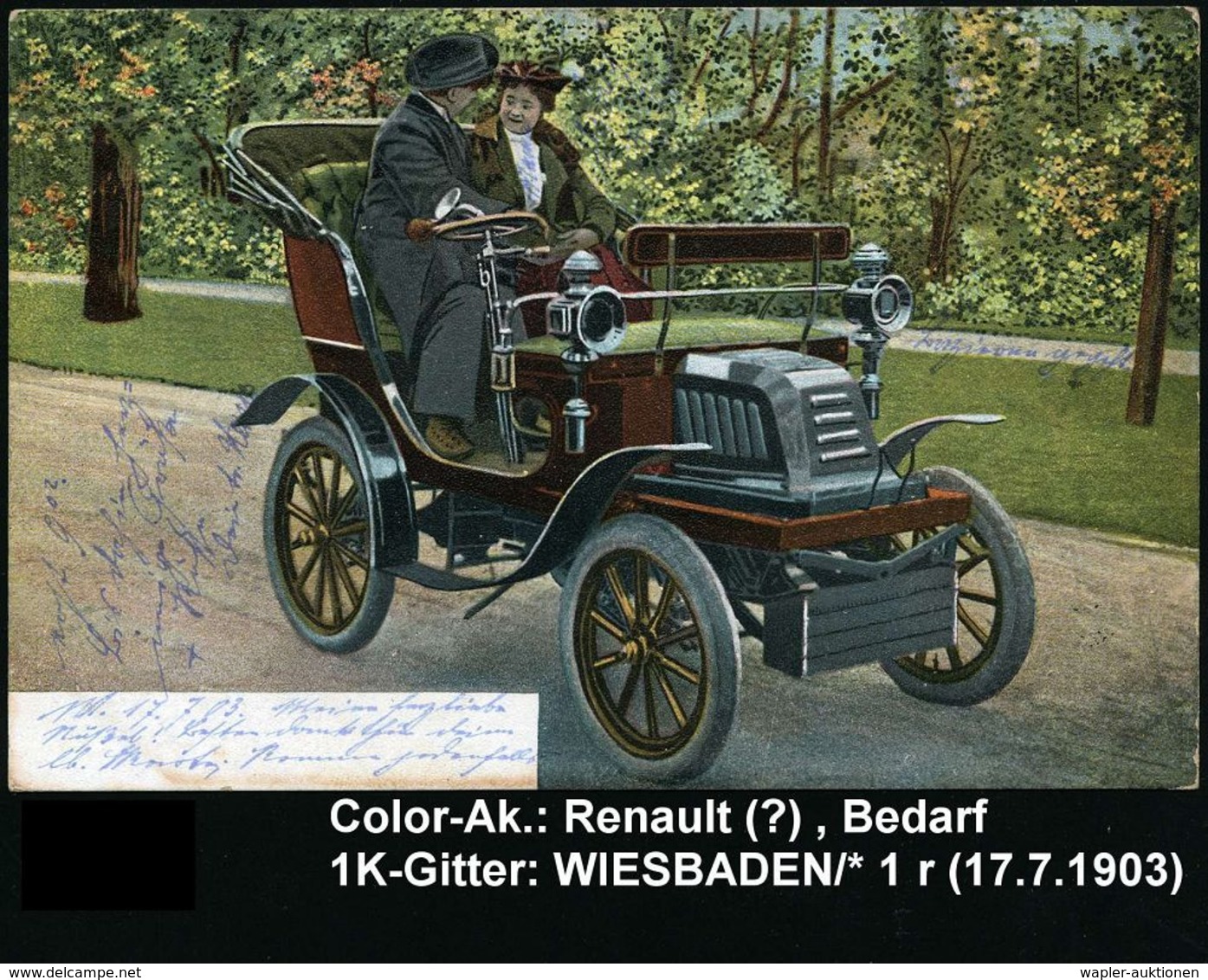 WIESBADEN/ *1r 1903 (17.7.) 1K-Gitter Auf Color-Ak.: Oldtimer (Renault ?) Bedarfs-Kt. - AUTO-PIONIERE / OLDTIMER - AUTO- - Autos