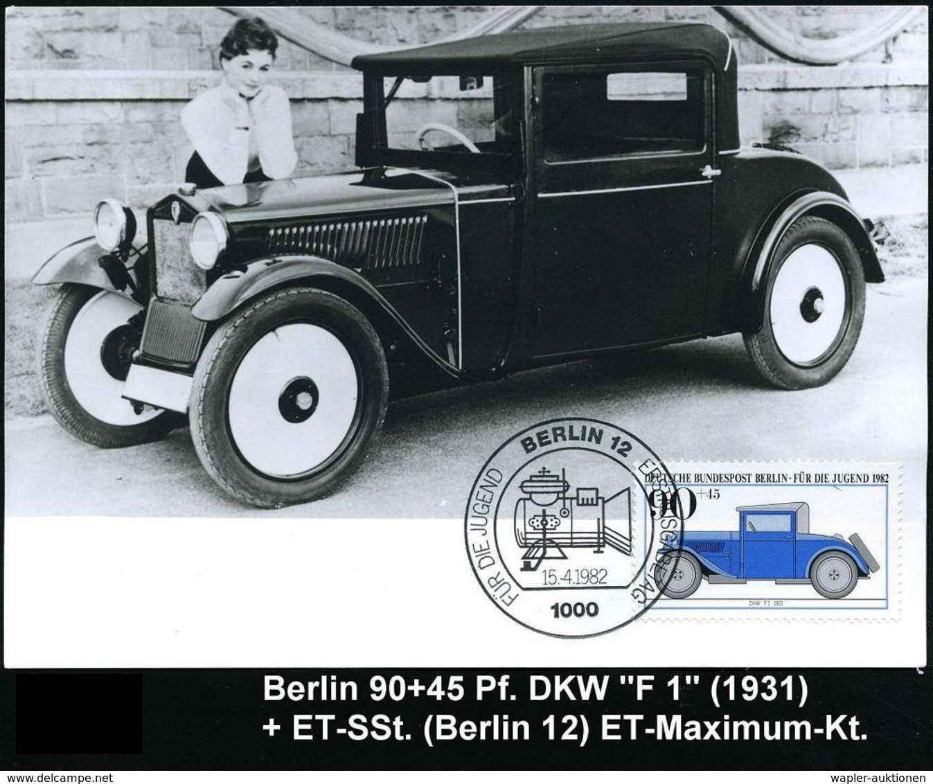 BERLIN /  B.R.D. 1982/86 90 + 45 Pf. DKW "F 1", 2 Verschied. Maximumktn. (1x ET-SSt., 1x SSt. Frankfurt/M. IAA) 2 Belege - Voitures