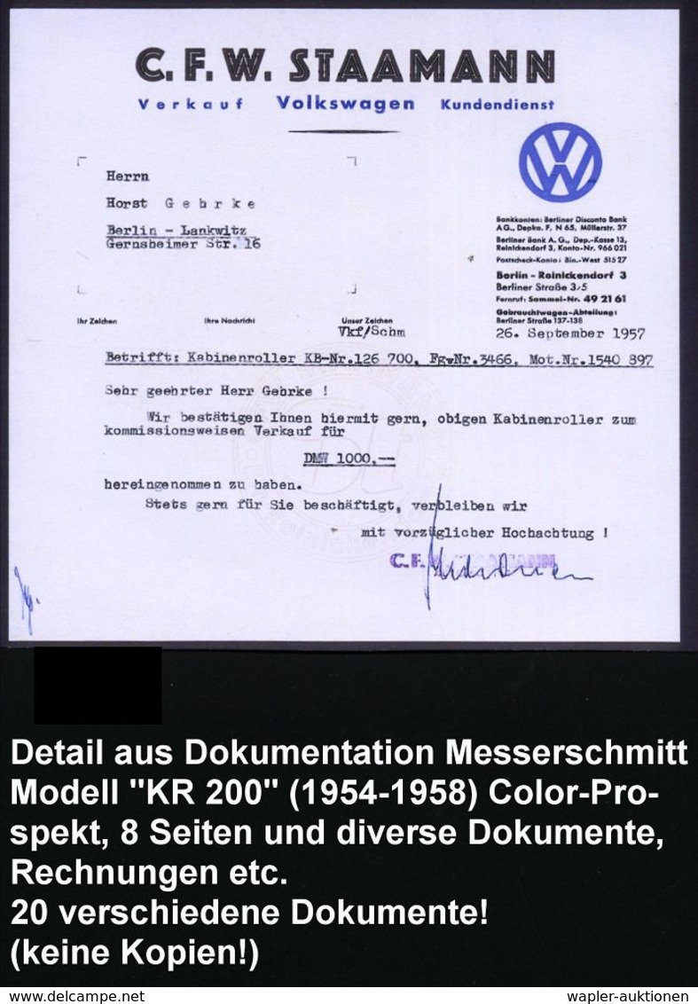 Berlin 1954/58 Messerschmitt Kabinenroller KR 175 (genannt "Schneewittchensarg"), Dokumentation von 20 Belegen, dabei Co
