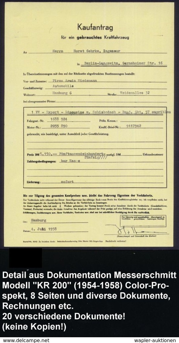 Berlin 1954/58 Messerschmitt Kabinenroller KR 175 (genannt "Schneewittchensarg"), Dokumentation von 20 Belegen, dabei Co