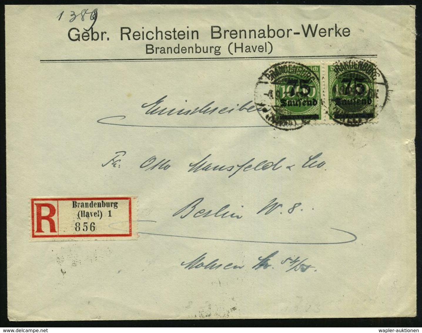 BRANDENBURG/ *(HAVEL) 1/ B 1923 (4.9.) 1K-Gitter A. Vordr.Bf.: Gebr. Reichstein Brennabor-Werke.. + RZ: Brandenburg/ (Ha - Cars