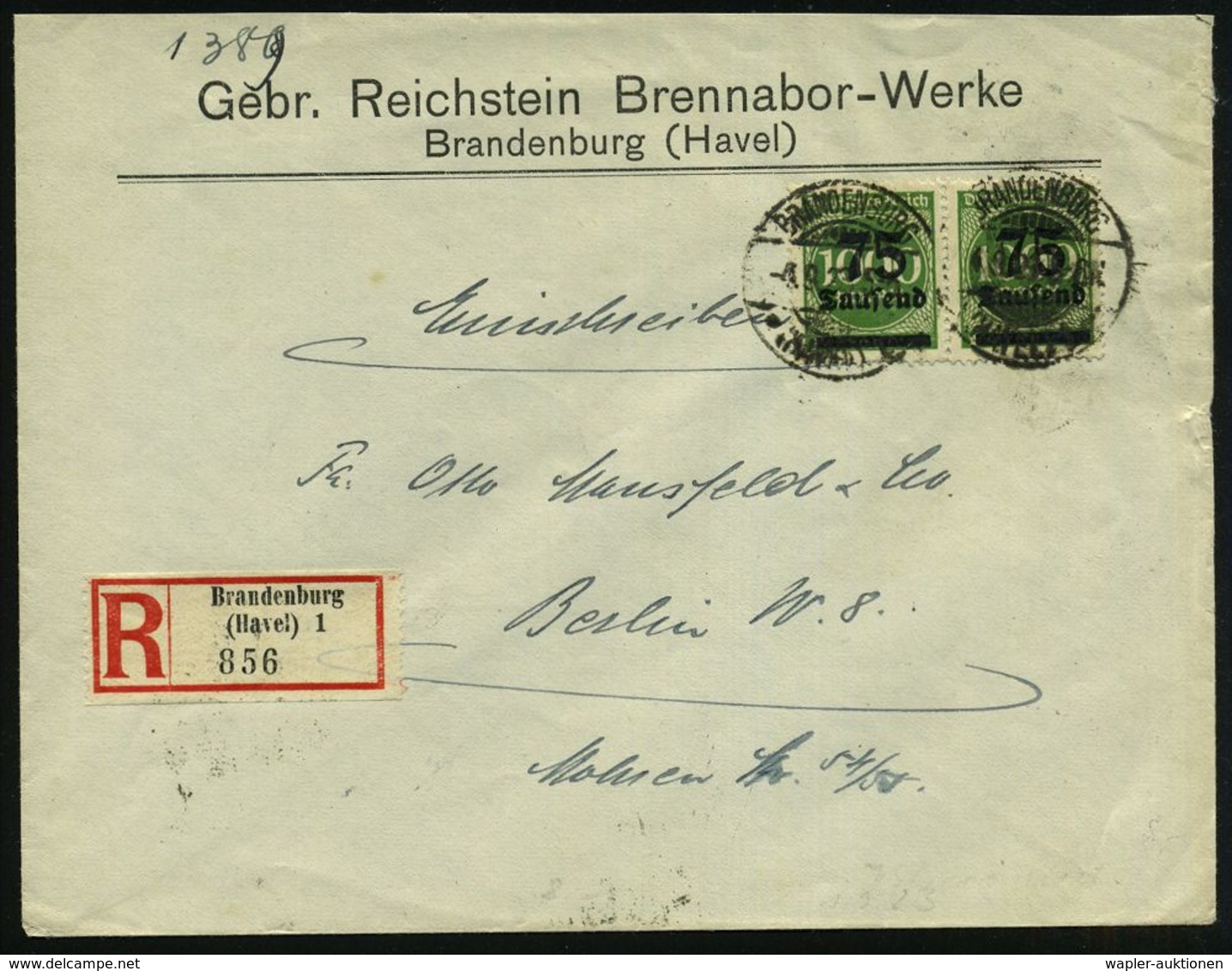 BRANDENBURG/ *(HAVEL) 1/ B 1923 (4.9.) 1K-Gitter A. Vordr.Bf.: Gebr. Reichstein Brennabor-Werke.. + RZ: Brandenburg/ (Ha - Auto's