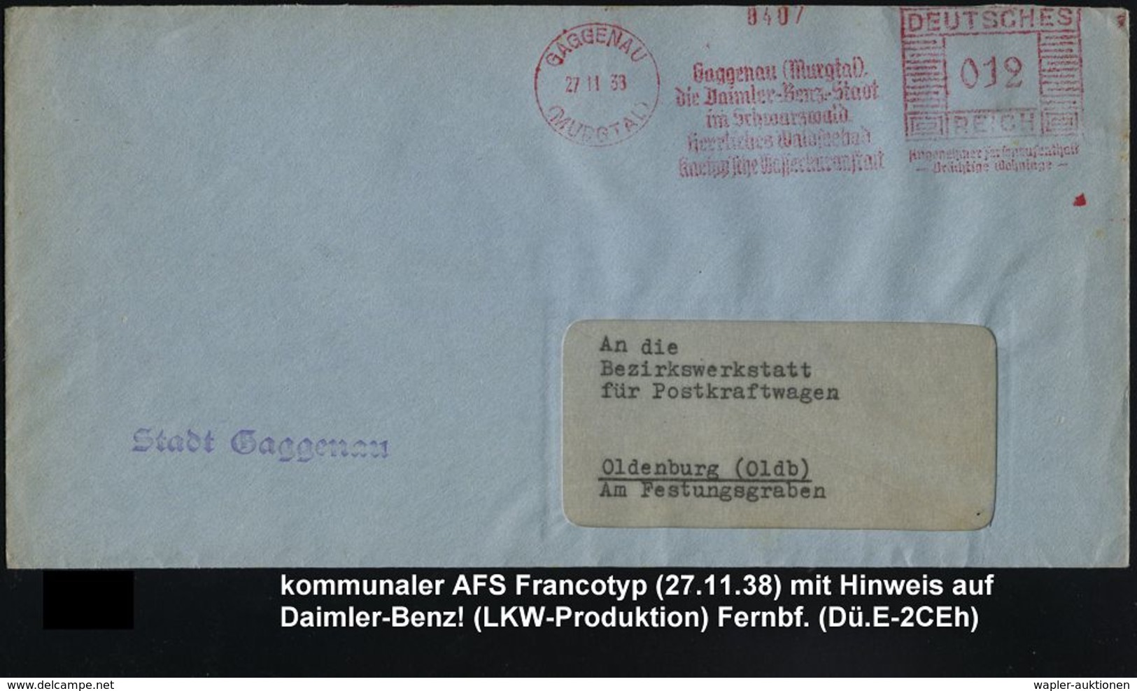 GAGGENAU/ (MURGTAL)/ ..die Daimler-Benz-Stadt/ ..Kneippsche Wasserkuranstalt.. 1938 (27.11.) Kommunaler AFS + 1L: Stadt  - Auto's