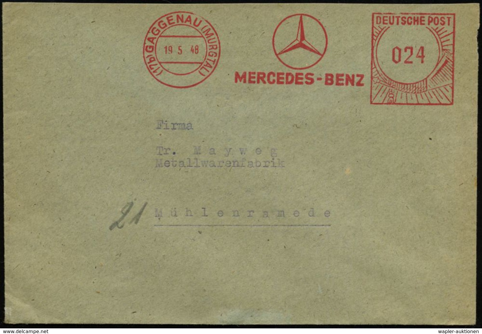 (17b) GAGGENAU (MURGTAL)/ MERCEDES-BENZ 1948 (19.5.) AFS , Typ FZ "Gr. Posthorn" 024 Pf. = Mercedesstern (kurz Vor Währu - Coches