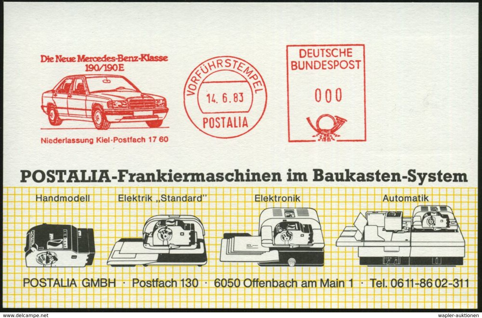 Kiel 1983 (14.6.) AFS: VORFÜHRSTEMPEL/POSTALIA/Die Neue MB-Klasse/190.. (MB "190") Seltene Postalia-Musterkt.  (= Specim - Automobili