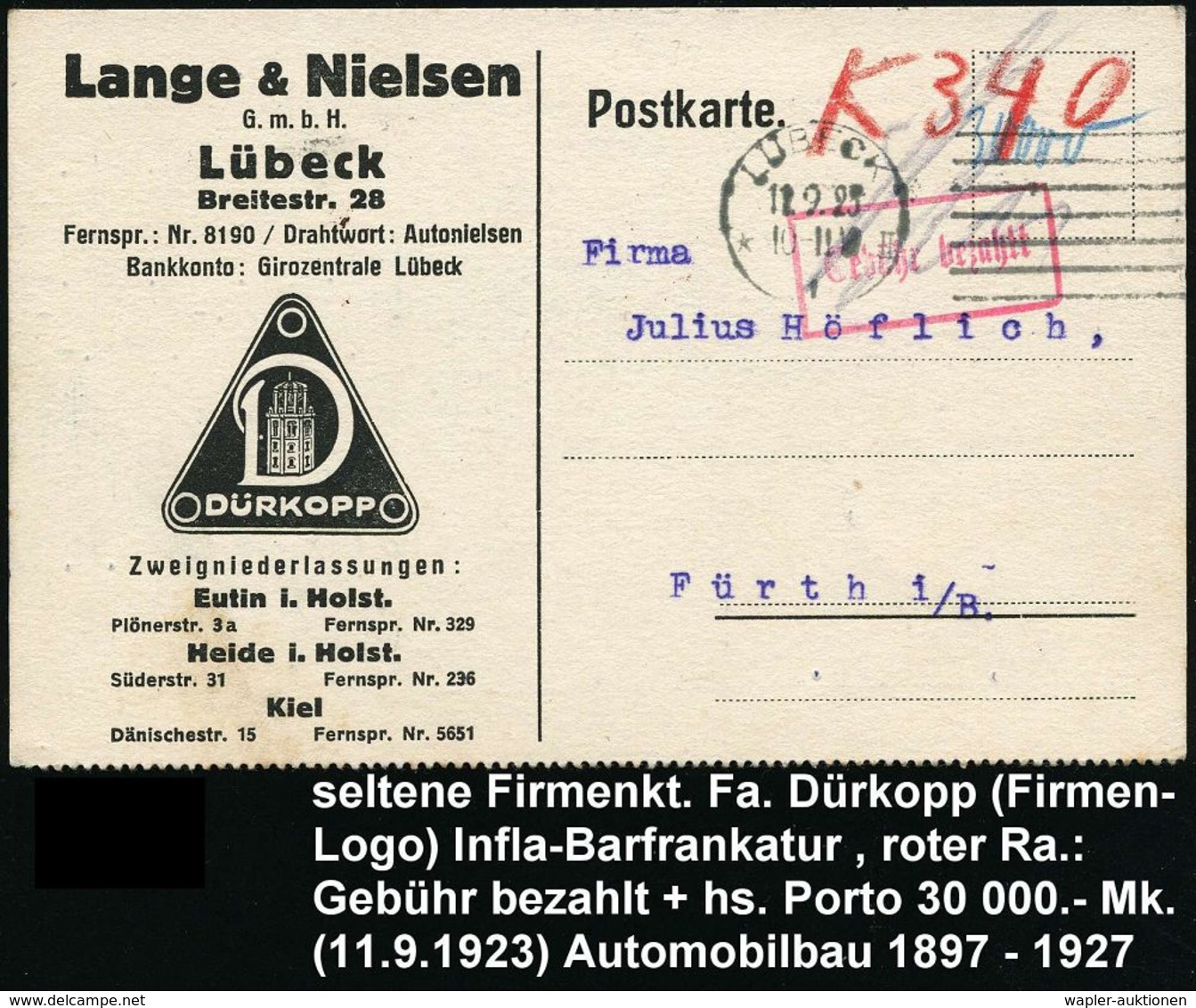 LÜBECK/ *1II 1923 (11.2.) MaStrichSt  Auf Firmen-Kt.: Lange & Nielsen.. DÜRKOPP, Zweigniederlassungen.. (Logo) + Roter R - Cars