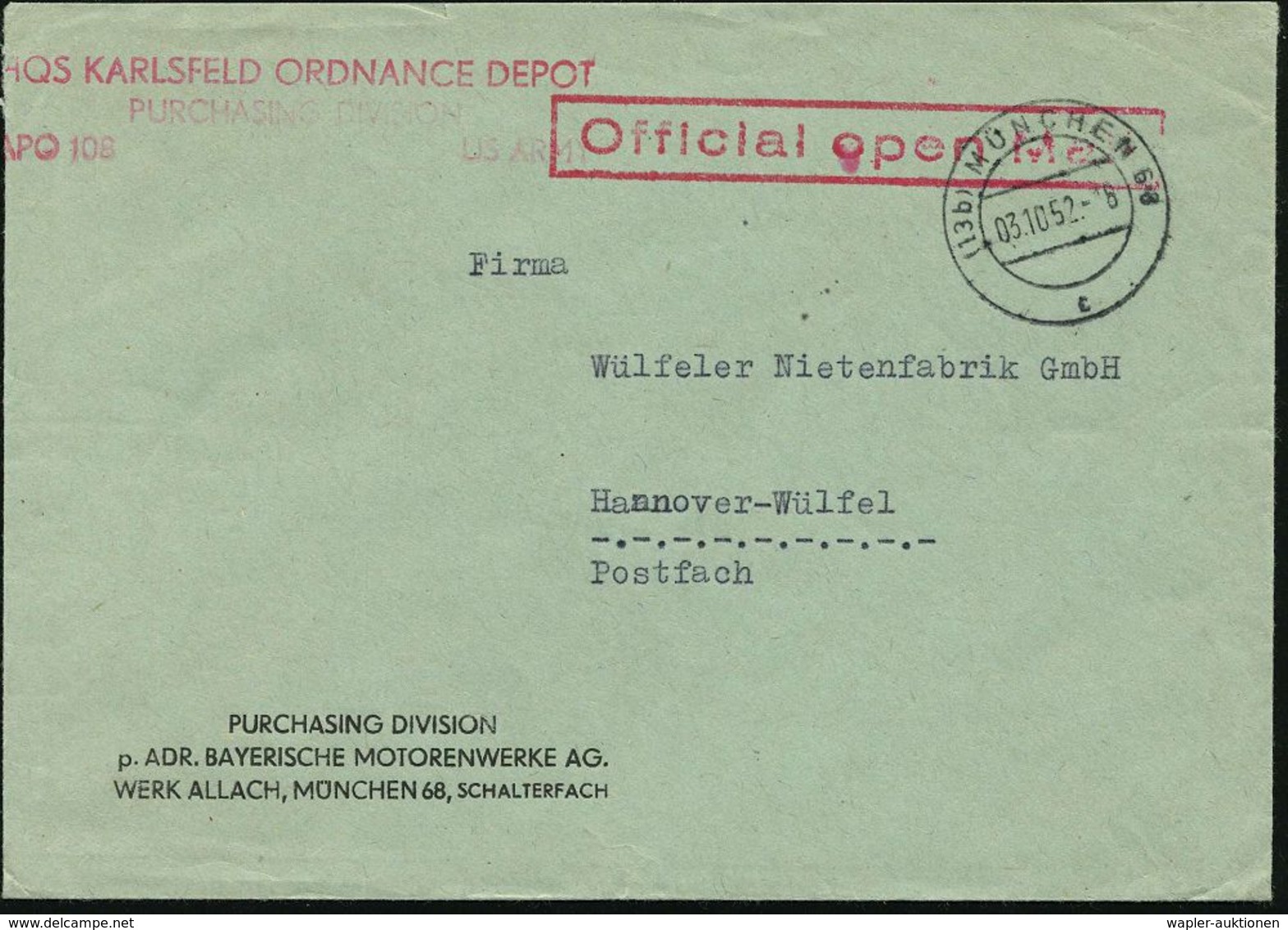 (13b) MÜNCHEN 68/ C 1952 (3.10.) 2K-Steg + Roter Ra.: Official Open Mail + Roter US-Feldpost-3L (teils Undeutl.) Firmen- - Voitures