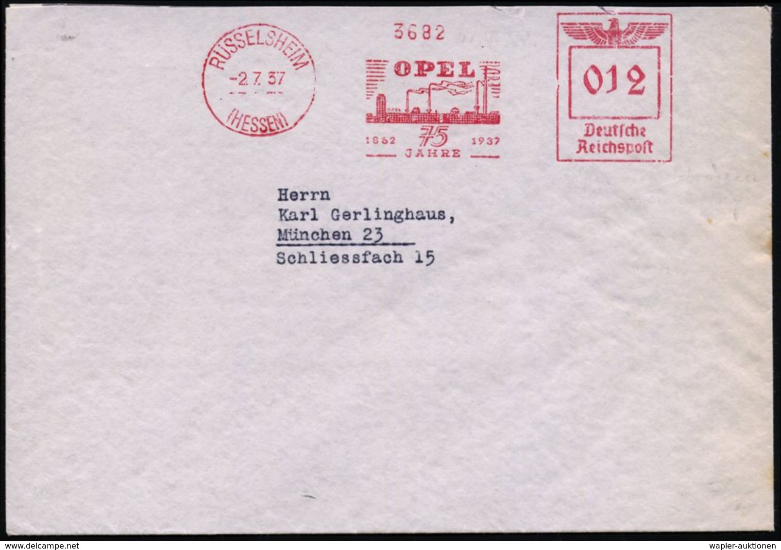 RÜSSELSHEIM/ (HESSEN)/ OPEL/ 1862 1937/ 75/ JAHRE 1937 (2.7.) Seltener Jubil.-AFS = Opel-Werk (mit Schloten) Rs. Abs.-Vo - Voitures