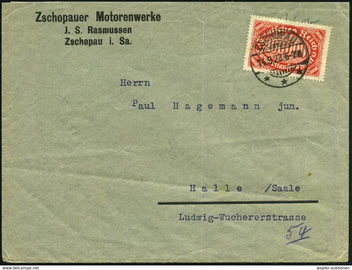 ZSCHOPAU/ *** 1923 (14.9.) 1K-Gitter Auf EF 100 000 Mk. Rot, Reklame-Bf.: Zschopauer Motorenwerke/J.S. Rasmussen , Rs. D - Auto's