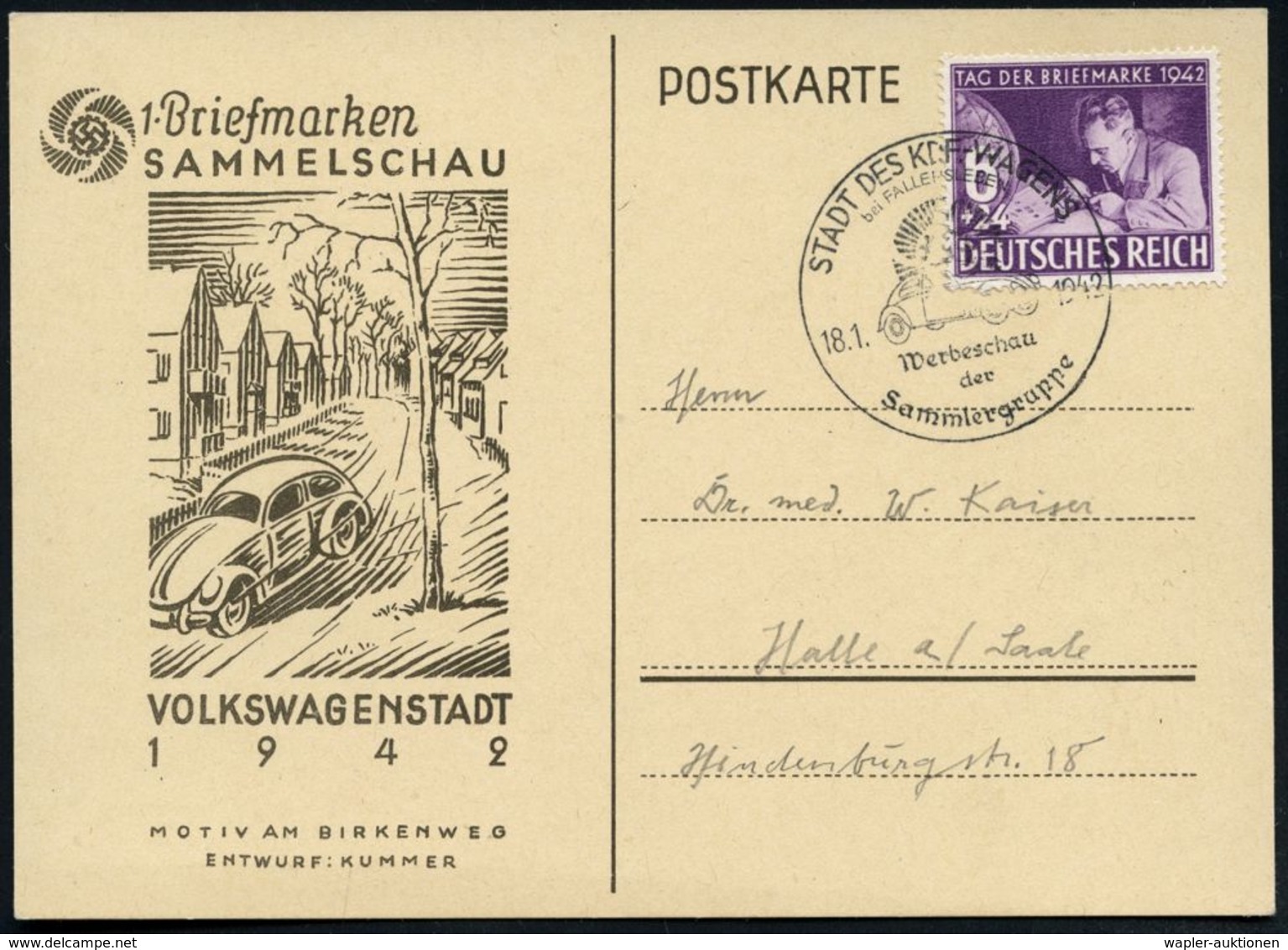 STADT DES KDF.-WAGENS/ Bei FALLERSLEBEN/ Werbeschau/ Der/ Sammlergruppe 1942 (18.1.) Sehr Seltener SSt (DAF-Logo, VW-Käf - Autos