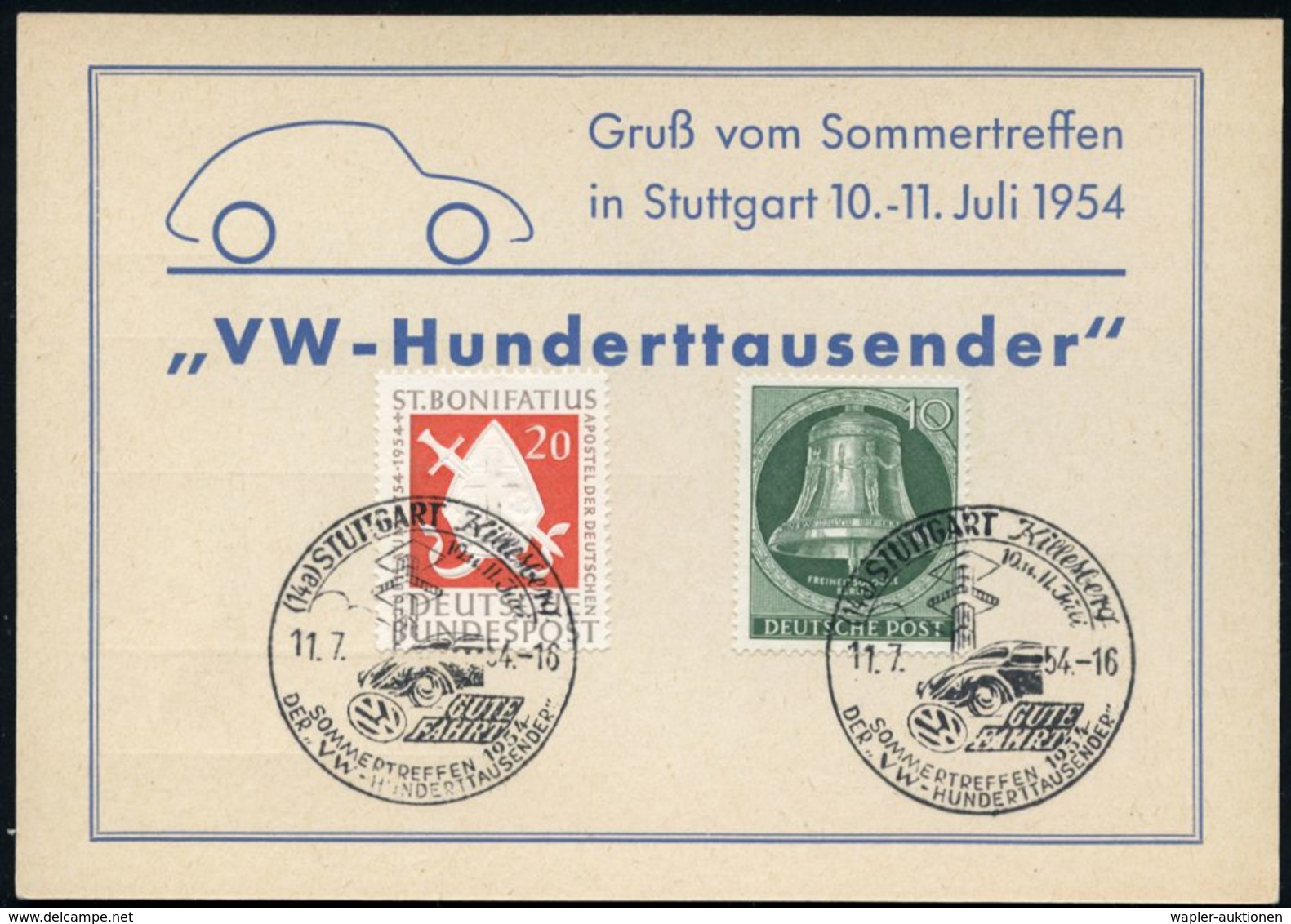 (14a) STUTTGART Killesberg/ VW../ SOMMERTREFFEN/ DER VW-HUNDERTTAUSENDER 1954 (11.7.) Gesuchter SSt = VW-"Käfer" (VW-Log - Automobili