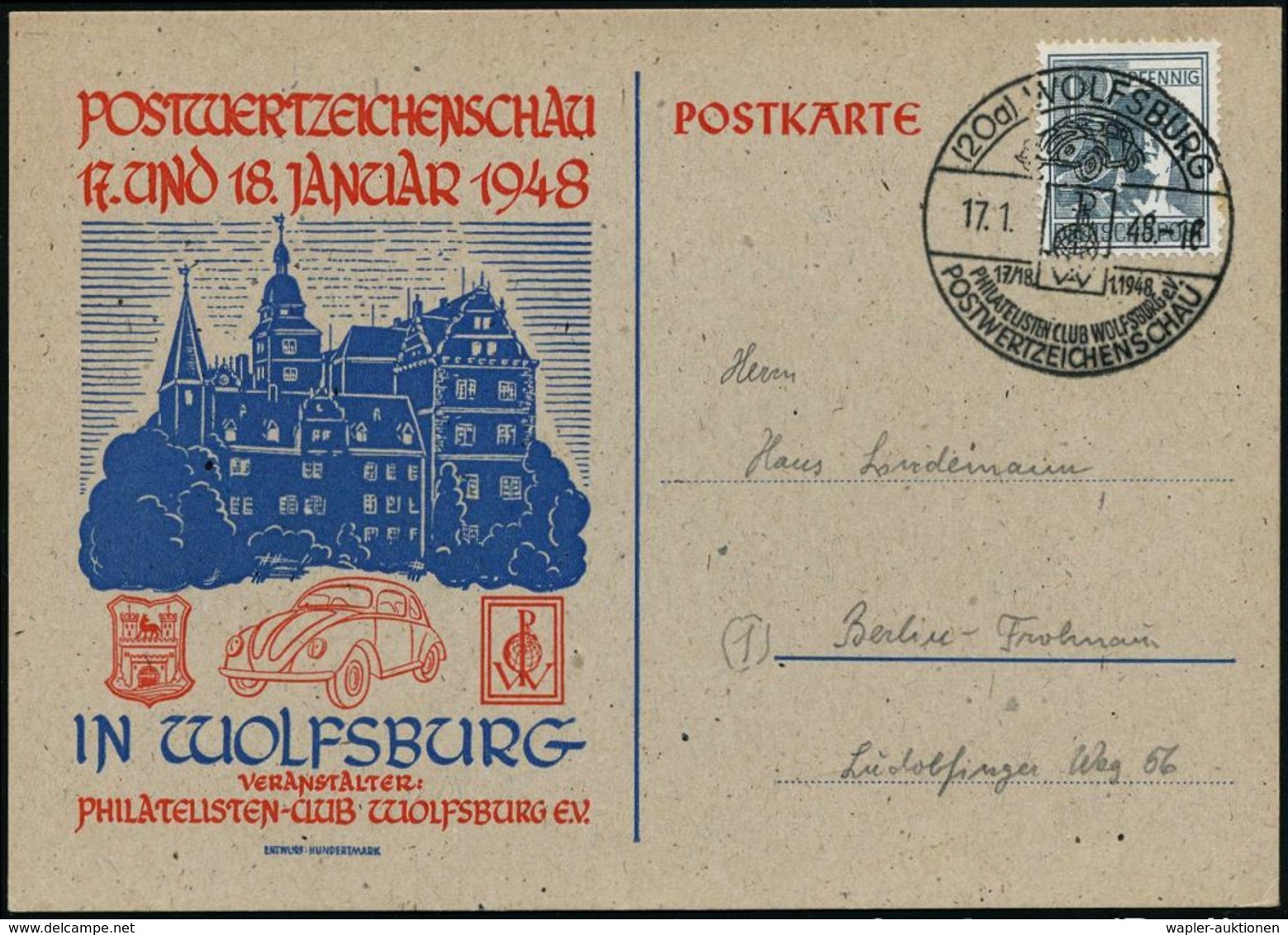 (20a) WOLFSBURG/ ..POSTWERTZEICHENSCHAU 1948 (18.1.) SSt = VW "Käfer" , Motivähnl. Sonder-Kt.: Schloß Wolfsburg, VW-Käfe - Auto's