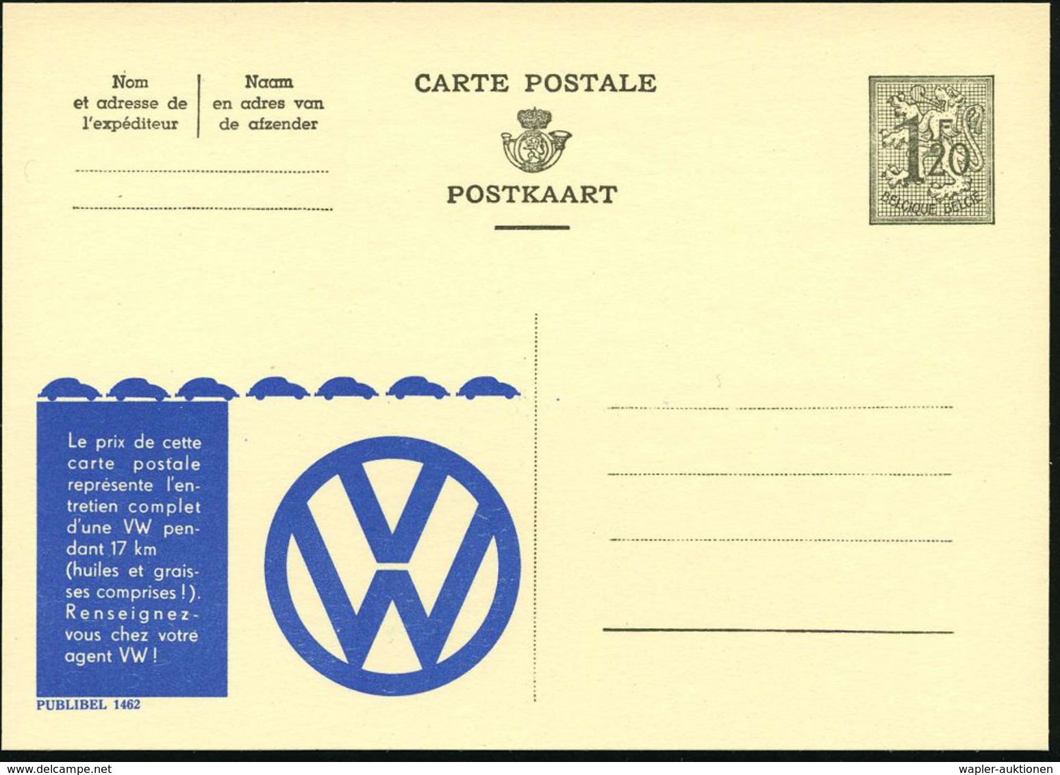 BELGIEN 1954 1,20 F. Reklame-P., Oliv: VW/Le Prix De Cette Carte.. (= VW-Logo, 7 VW Käfer-Silhouetten) Französ. Text, Un - Automobili