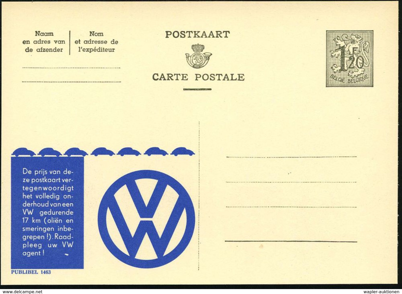 BELGIEN 1954 1,20 F. Reklame-P., Oliv: VW, De Prijs Van Deze Postkaart.. (VW-Logo, 7 VW-Käfer-Silhouetten) Flämischer Te - Voitures