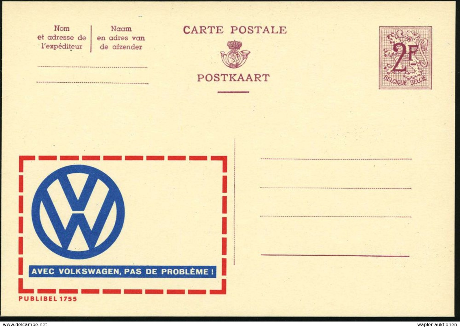 BELGIEN 1959 2 F. Reklame-P., Weinrot: VW, AVEC VOLKSWAGEN, PAS DE PROBLEME! = VW-Logo , Französ. Text, Ungebr. (Mi.P 31 - Automobili