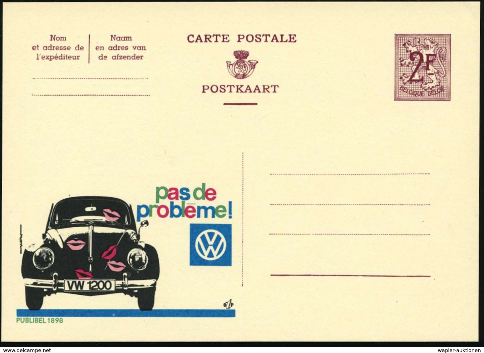 BELGIEN 1959 2F. Reklame-P. Löwe, Weinrot: Pas De Problème VW = VW 1200 "Käfer" (u. Kussmünder Etc) Ungebr. (Mi.P 319 I  - Voitures