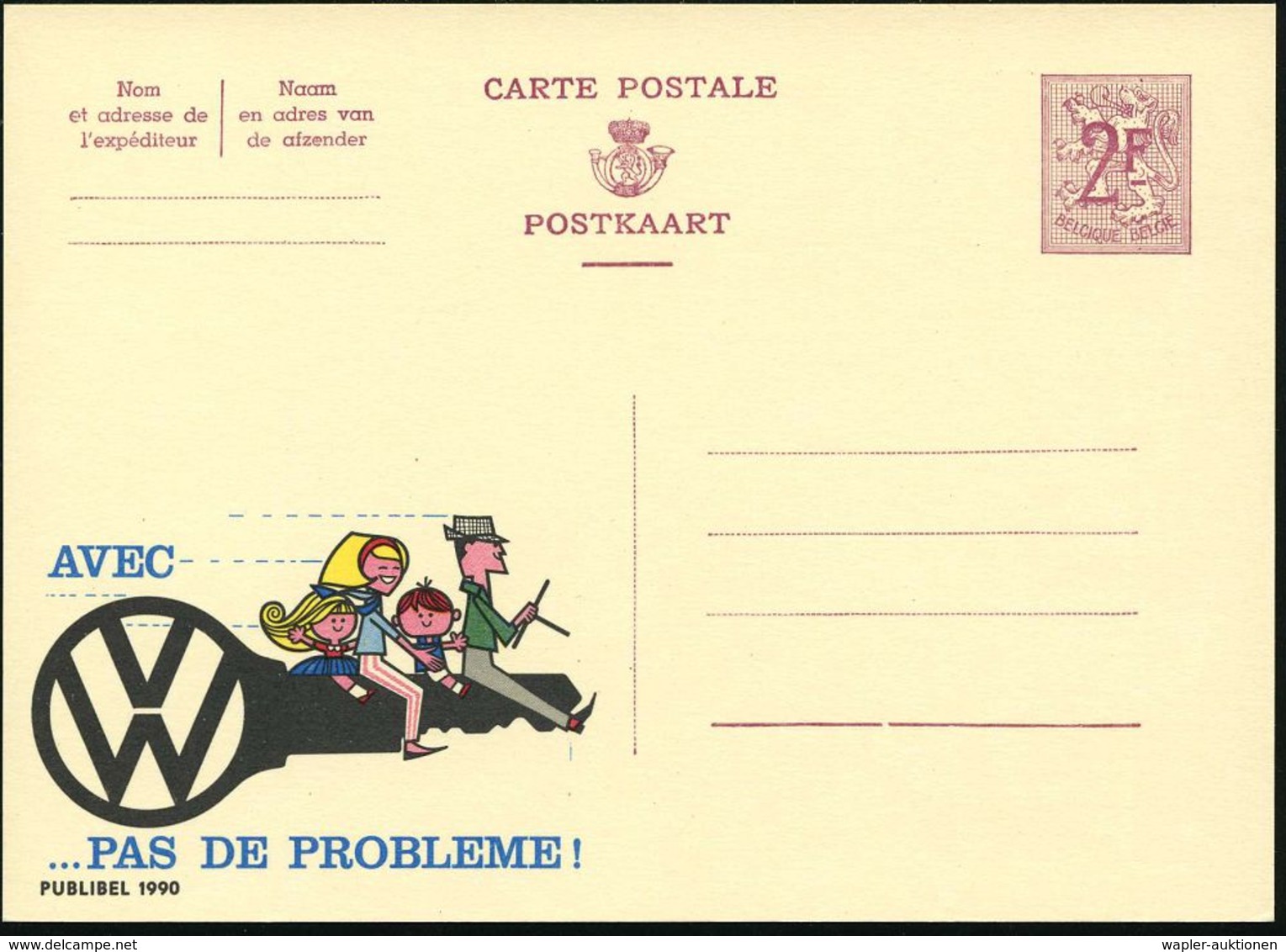 BELGIEN 1959 2F. Reklame-P., Weinrot: AVEC VW.. PAS DE PROBLEME! (Familie Reitet Auf VW-Autoschlüssel) Französ. Text, Un - Voitures