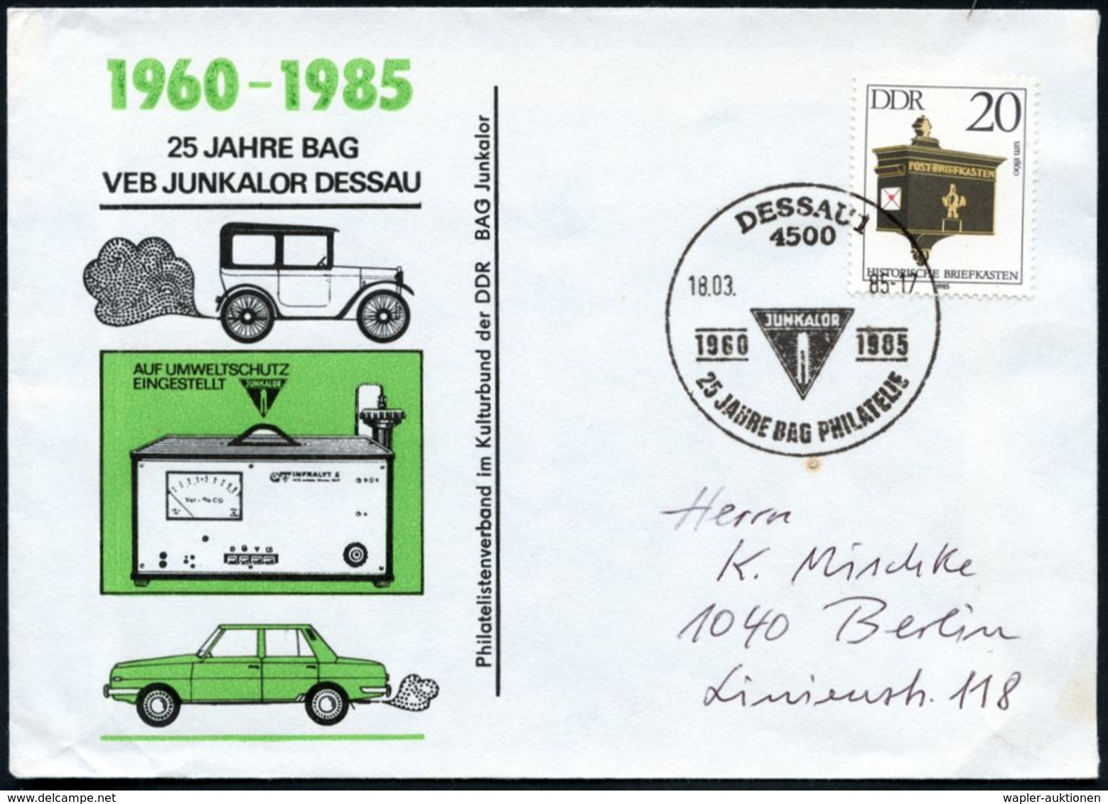 4500 DESSAU 1/ JUNKALOR/ 25 JAHRE BAG PHILATELIE 1985 (18.3.) SSt = Junkalor-Logo = Ehem. Firma Junkers, Hersteller Von  - Auto's
