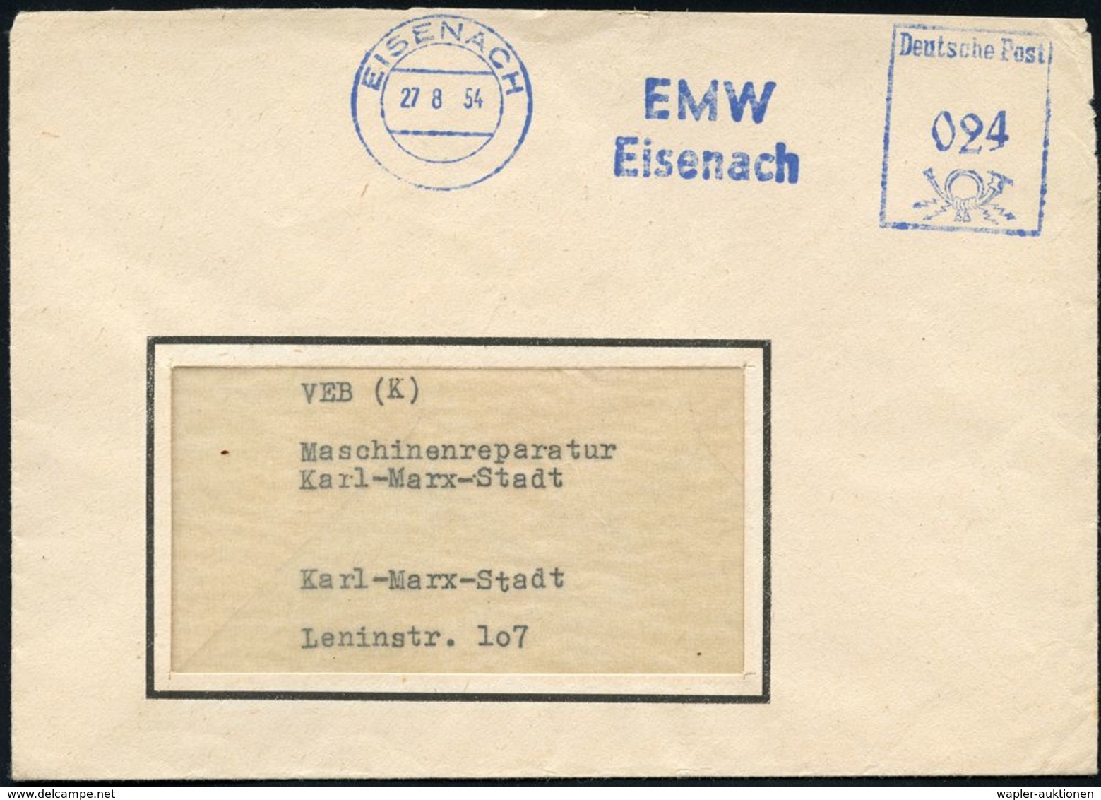 EISENACH/ E M W/ Eisenach 1954 (27.8.) Blauer AFS = E Isenacher Motoren Werke (EMW Vormals  B M W) Rs. Abs.-Vordr.: VEB  - Autos